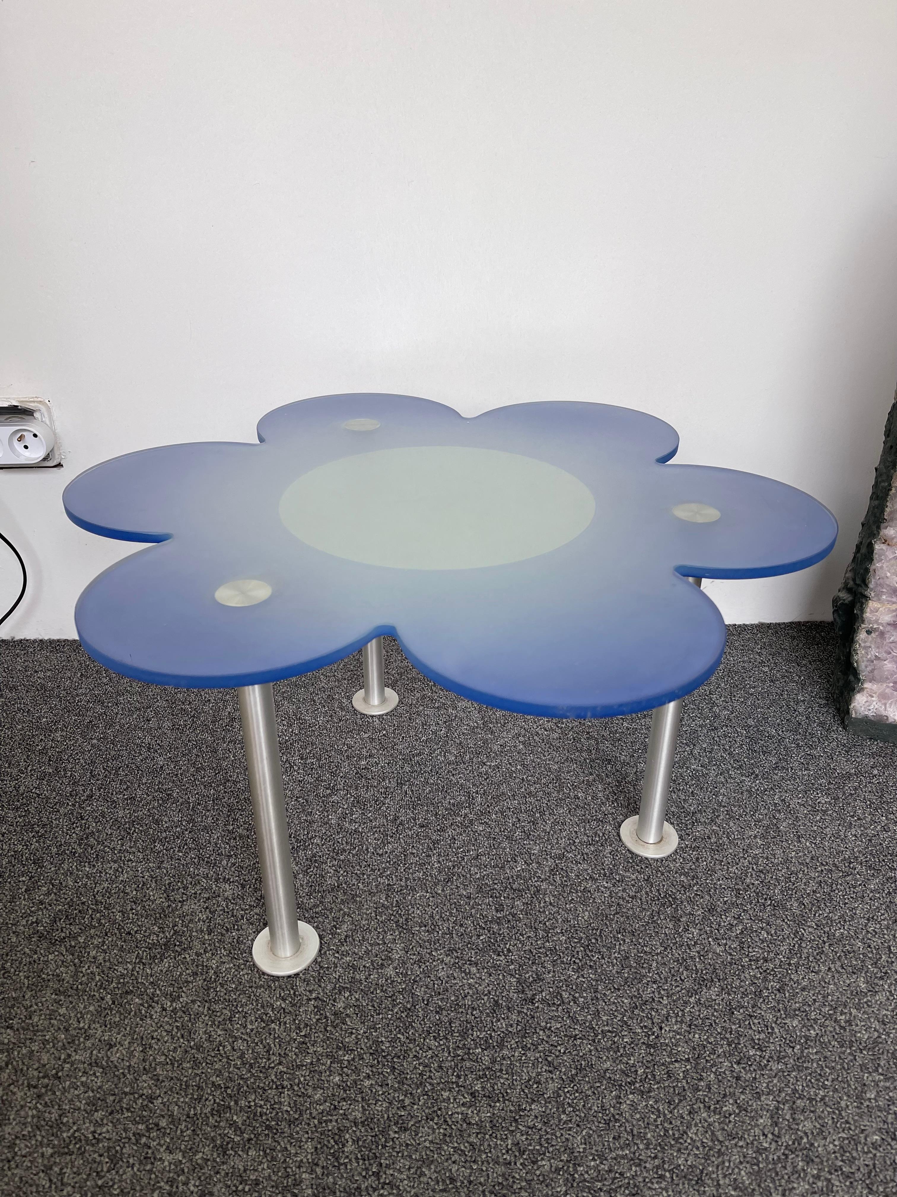 Blue Daisy Flower Glass Table by Glas Italia, Italy, 1990s For Sale 3