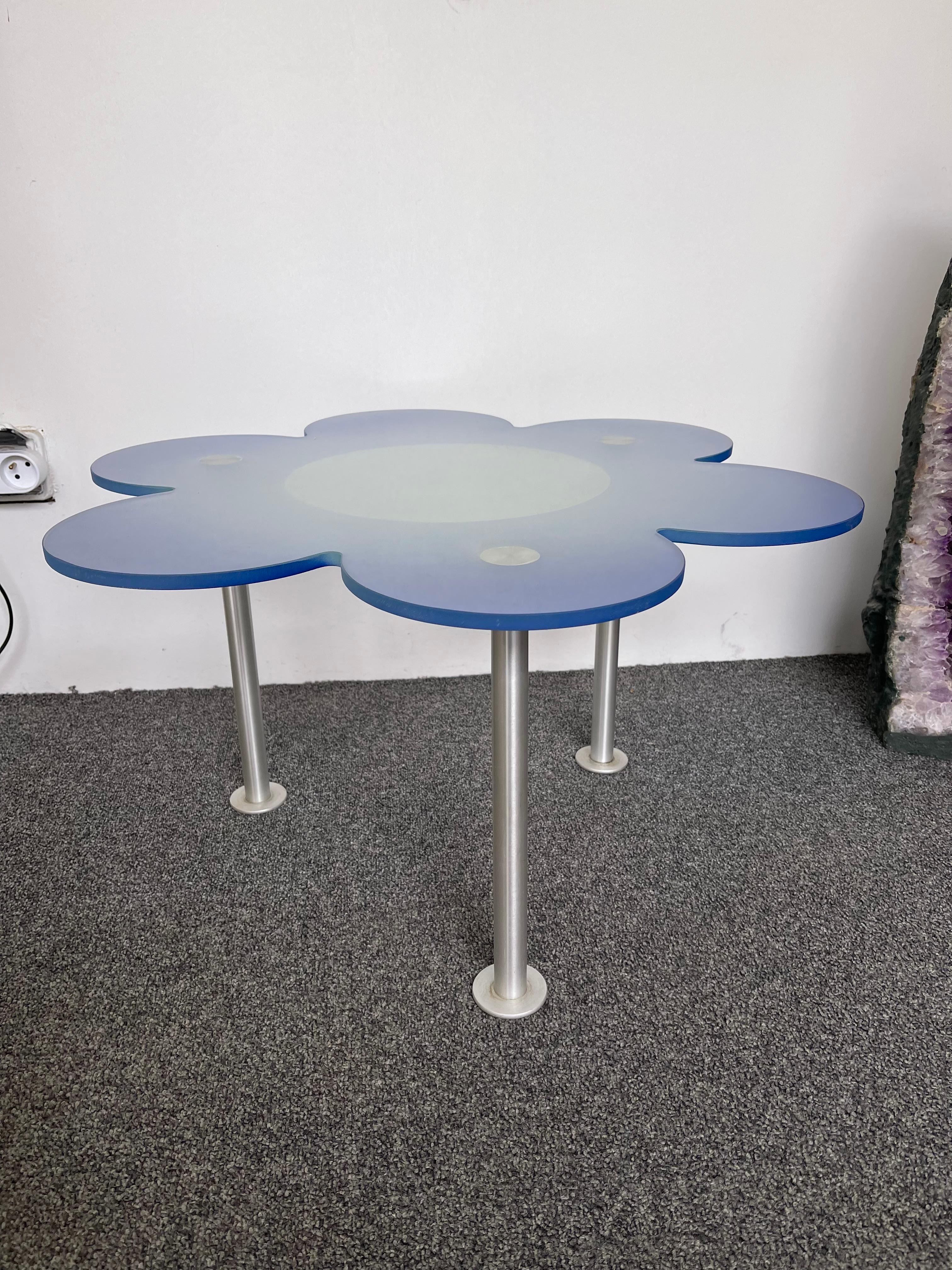 Mid-Century Modern Blue Daisy Flower Glass Table by Glas Italia, Italy, 1990s For Sale