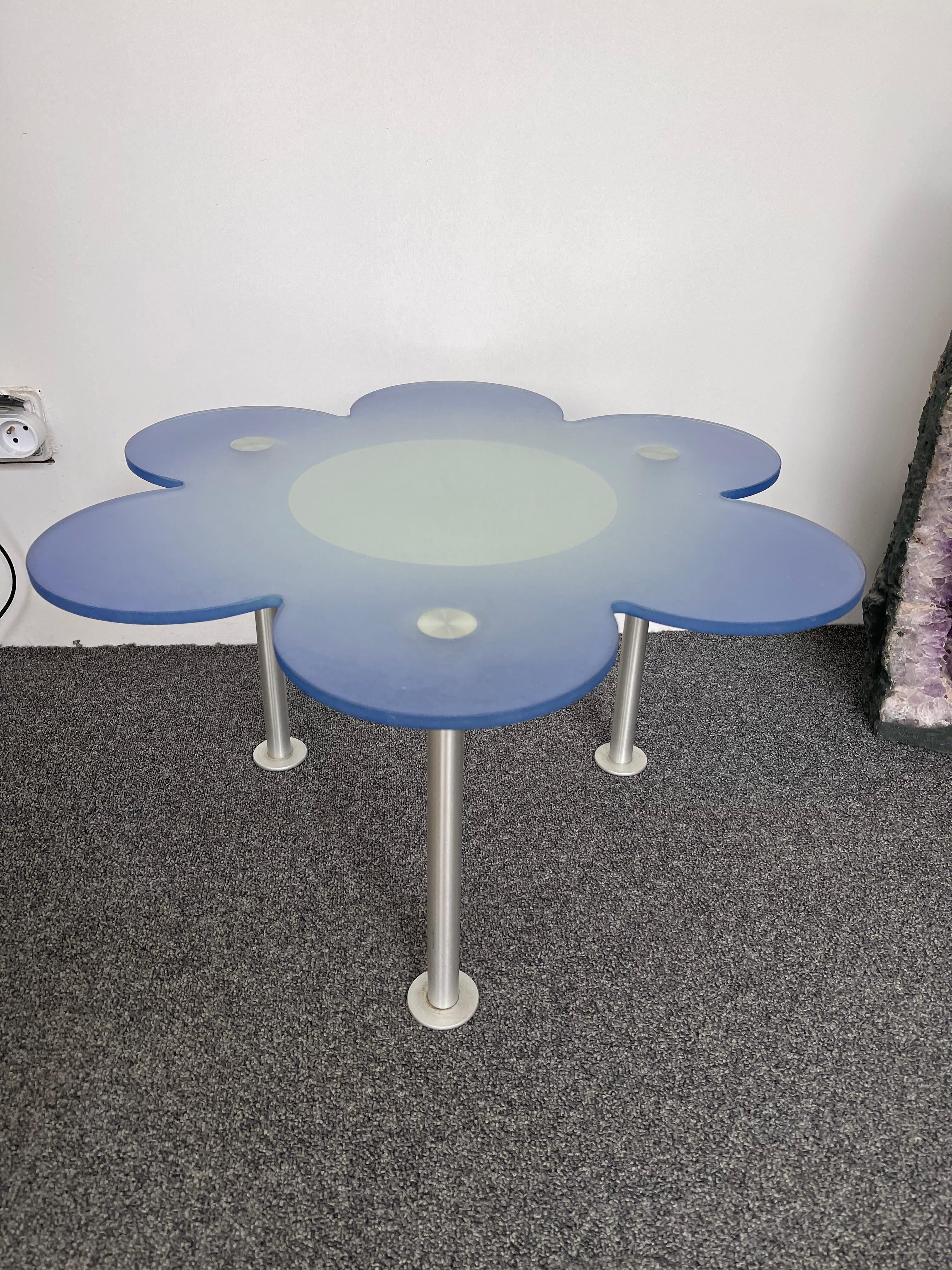Blue Daisy Flower Glass Table by Glas Italia, Italy, 1990s For Sale 2