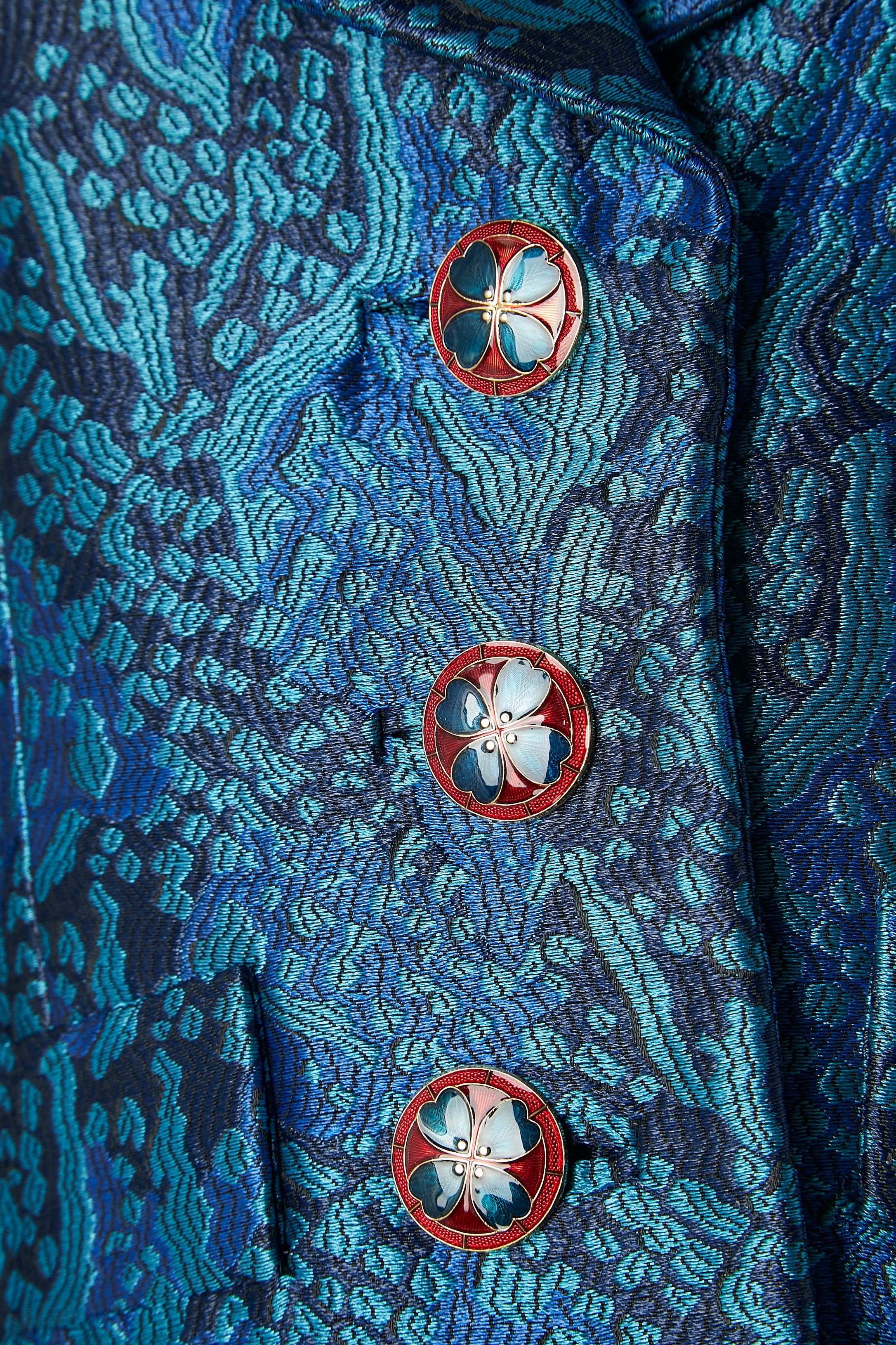 Veste de soirée Yves Saint Laurent Rive Gauche à simple boutonnage en damas bleu  Excellent état - En vente à Saint-Ouen-Sur-Seine, FR