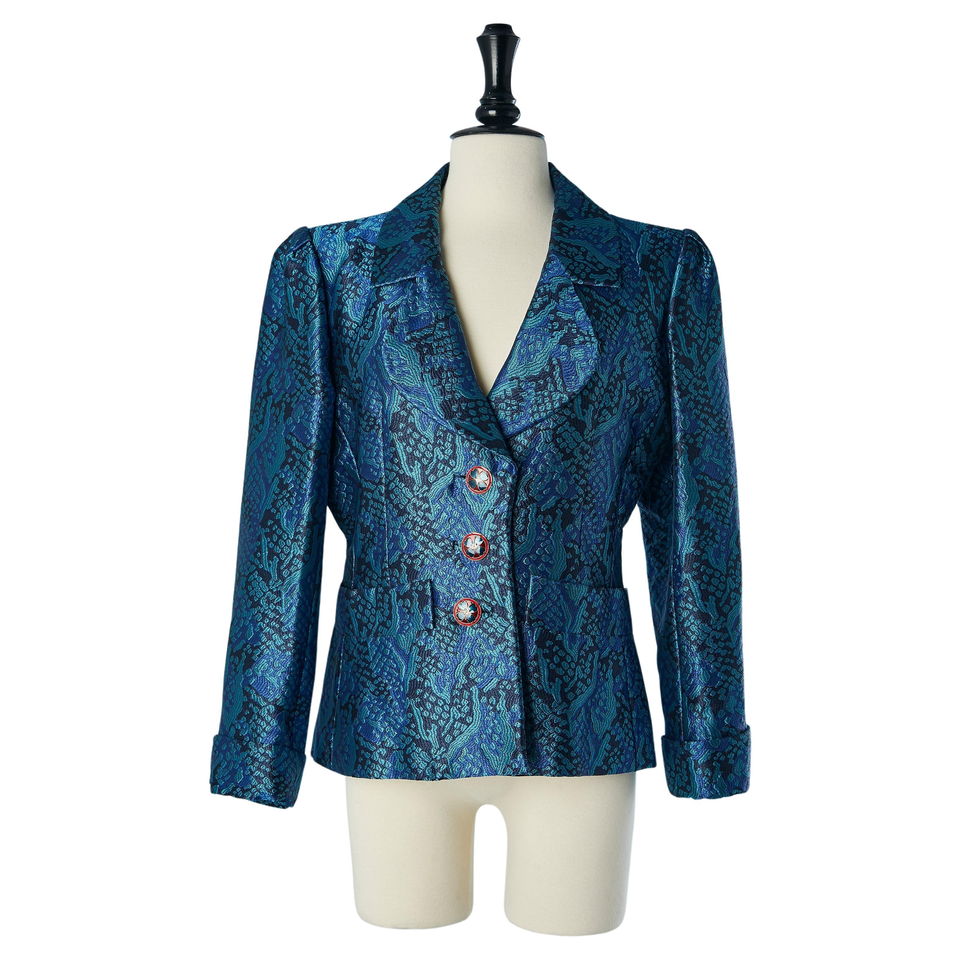 Blue damask single breasted evening jacket Yves Saint Laurent Rive Gauche  For Sale