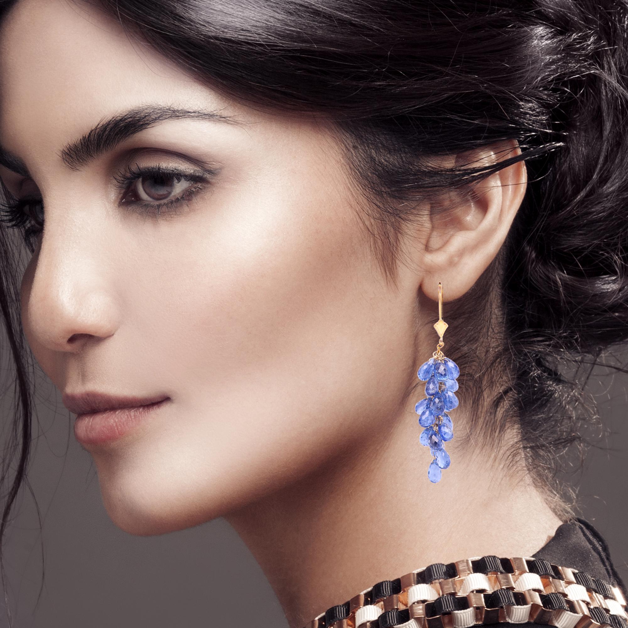 Boucles d'oreilles pendantes Bleu Briolette Naturelle Pierre de Cyanite Or jaune 14 carats en vente 5