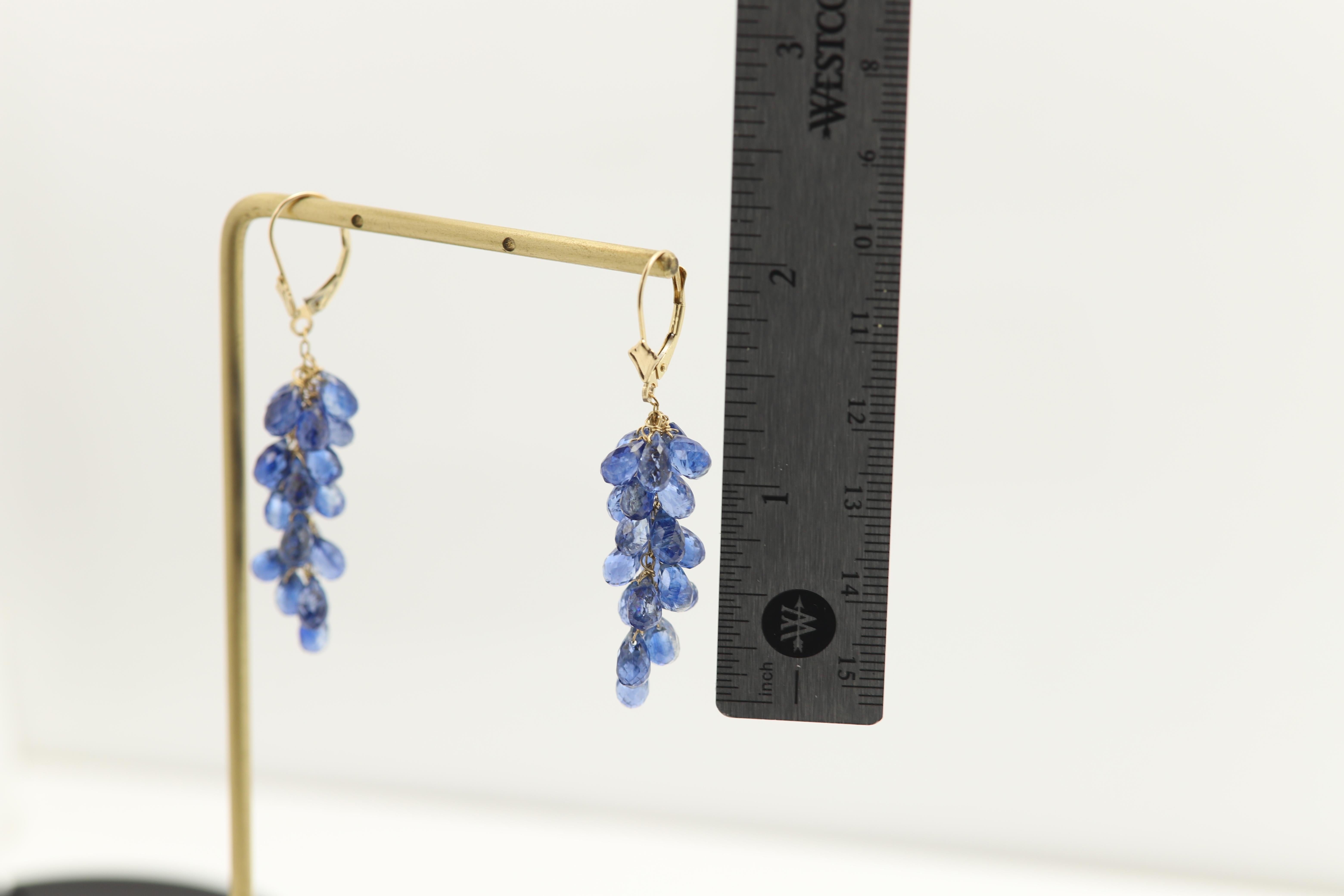 Boucles d'oreilles pendantes Bleu Briolette Naturelle Pierre de Cyanite Or jaune 14 carats en vente 1
