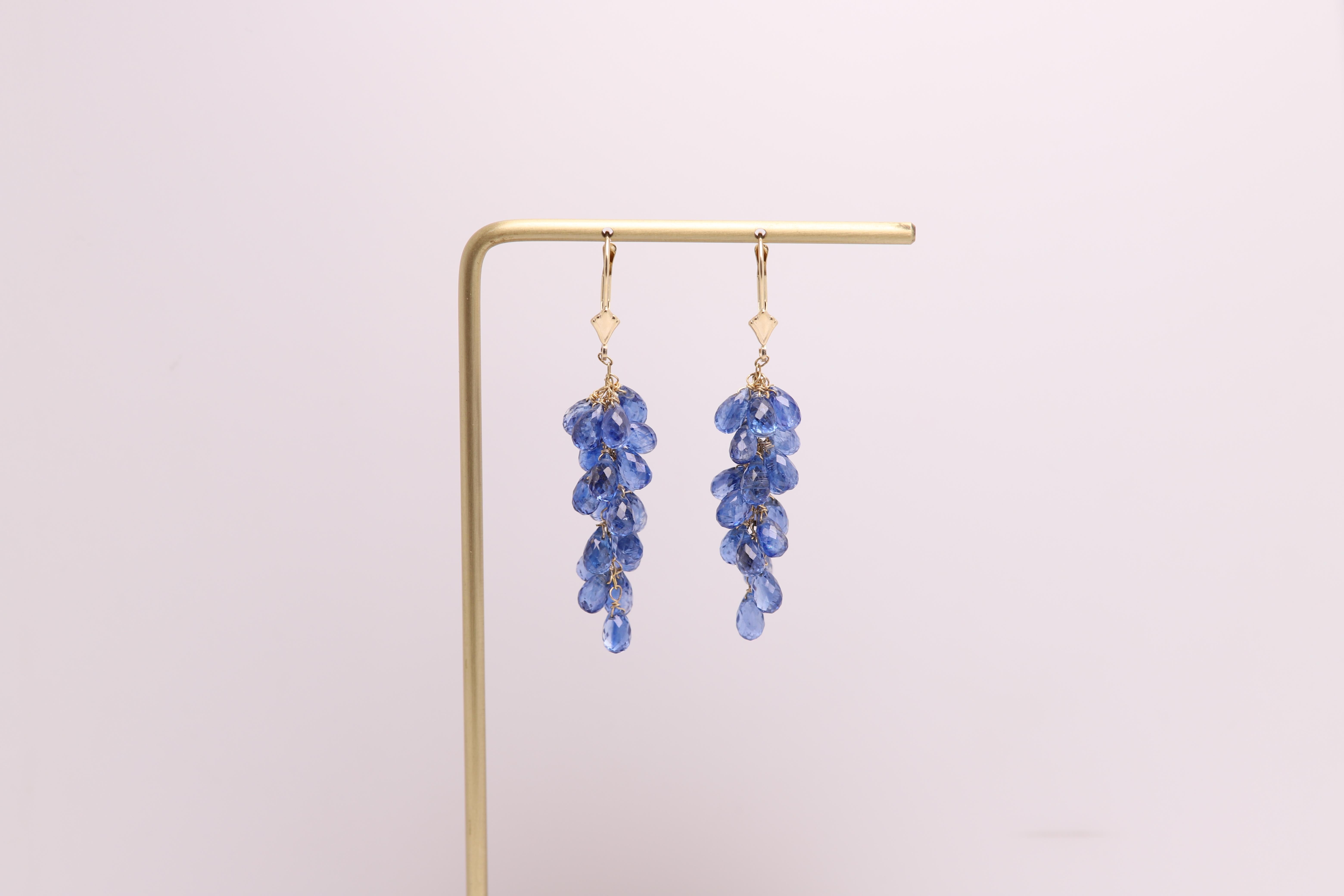 Boucles d'oreilles pendantes Bleu Briolette Naturelle Pierre de Cyanite Or jaune 14 carats en vente 2