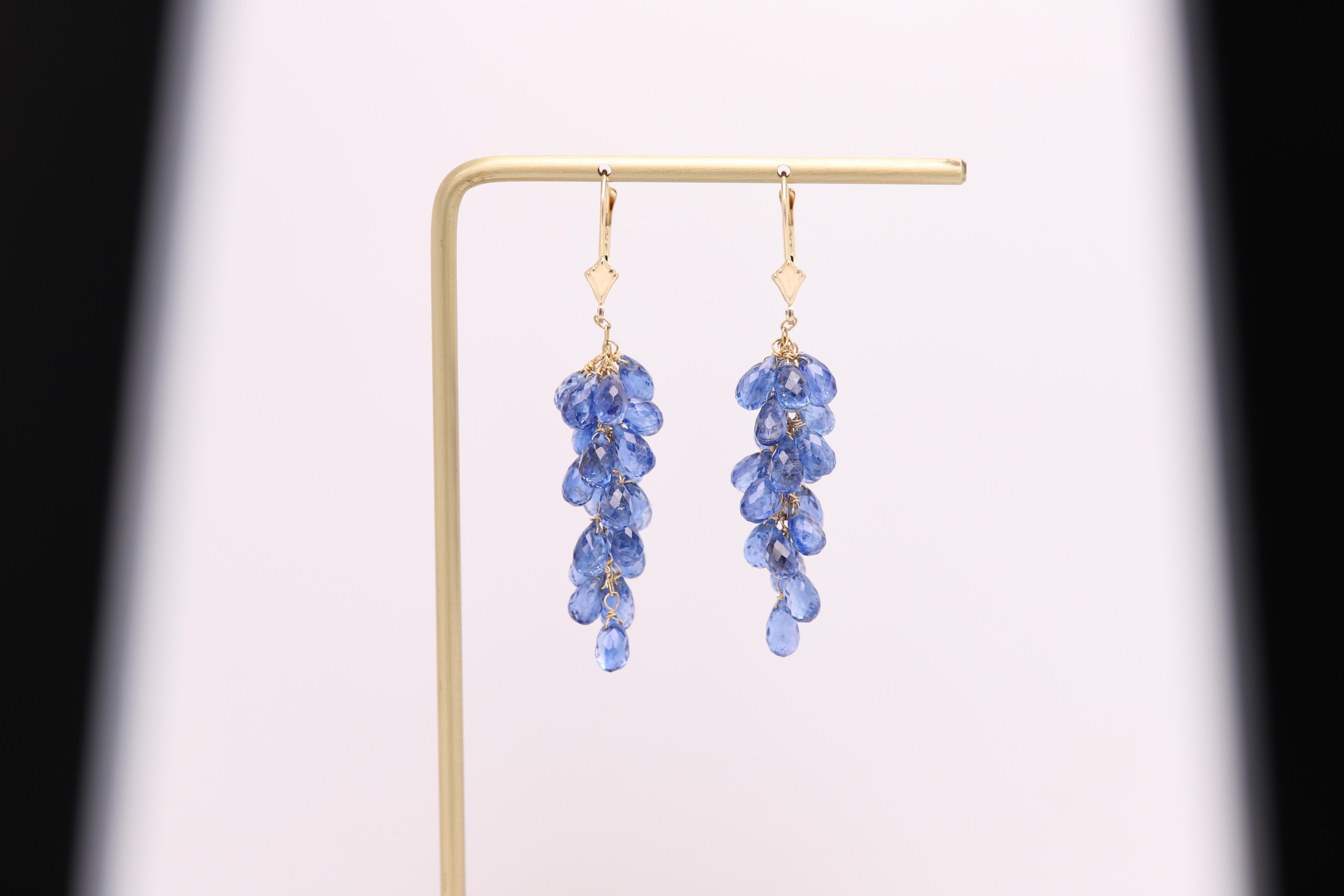 Boucles d'oreilles pendantes Bleu Briolette Naturelle Pierre de Cyanite Or jaune 14 carats en vente 3