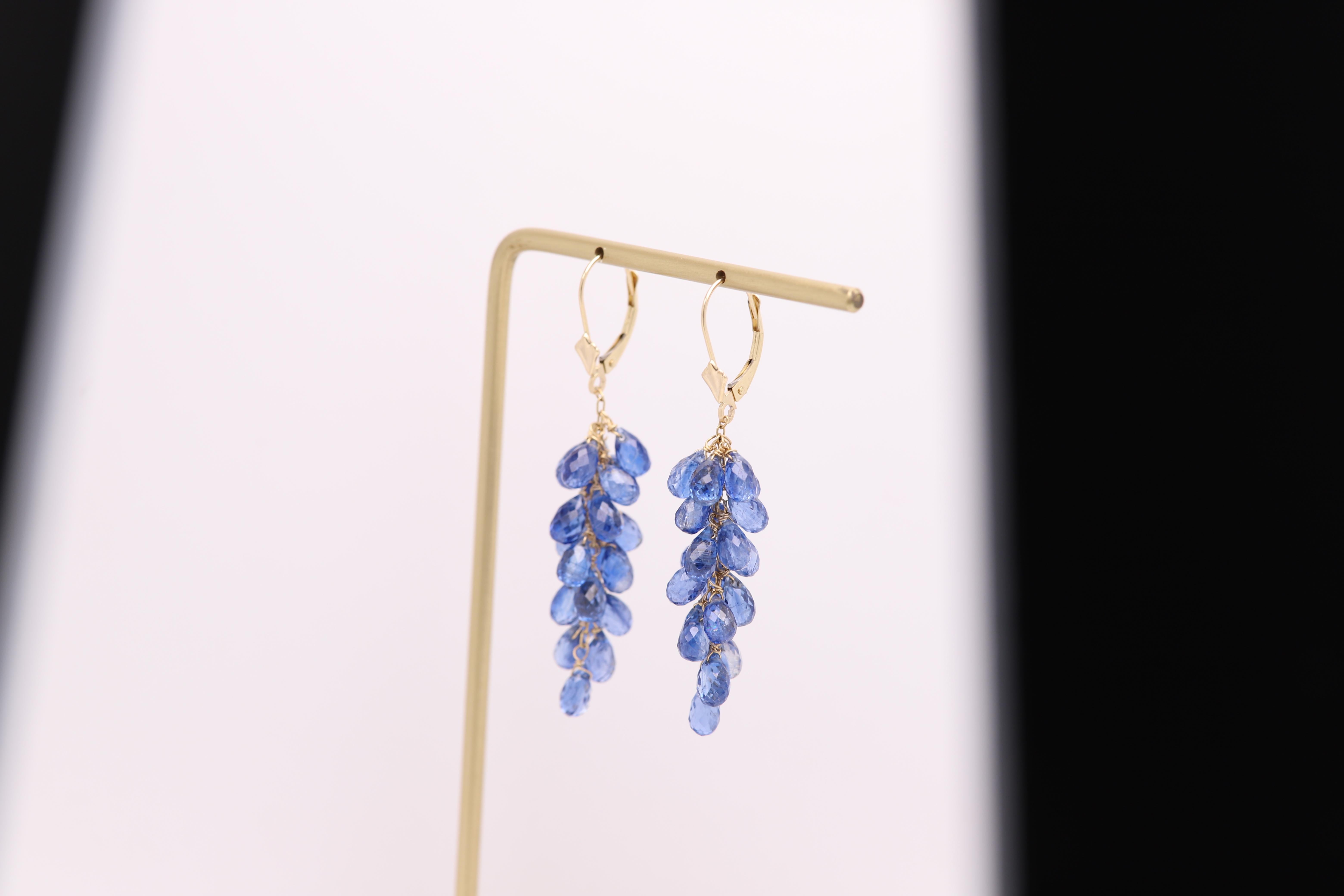 Boucles d'oreilles pendantes Bleu Briolette Naturelle Pierre de Cyanite Or jaune 14 carats en vente 4