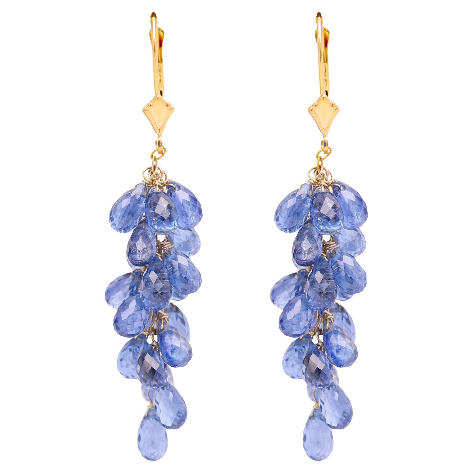 Boucles d'oreilles pendantes Bleu Briolette Naturelle Pierre de Cyanite Or jaune 14 carats en vente