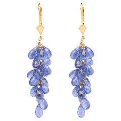 Boucles d'oreilles pendantes Bleu Briolette Naturelle Pierre de Cyanite Or jaune 14 carats