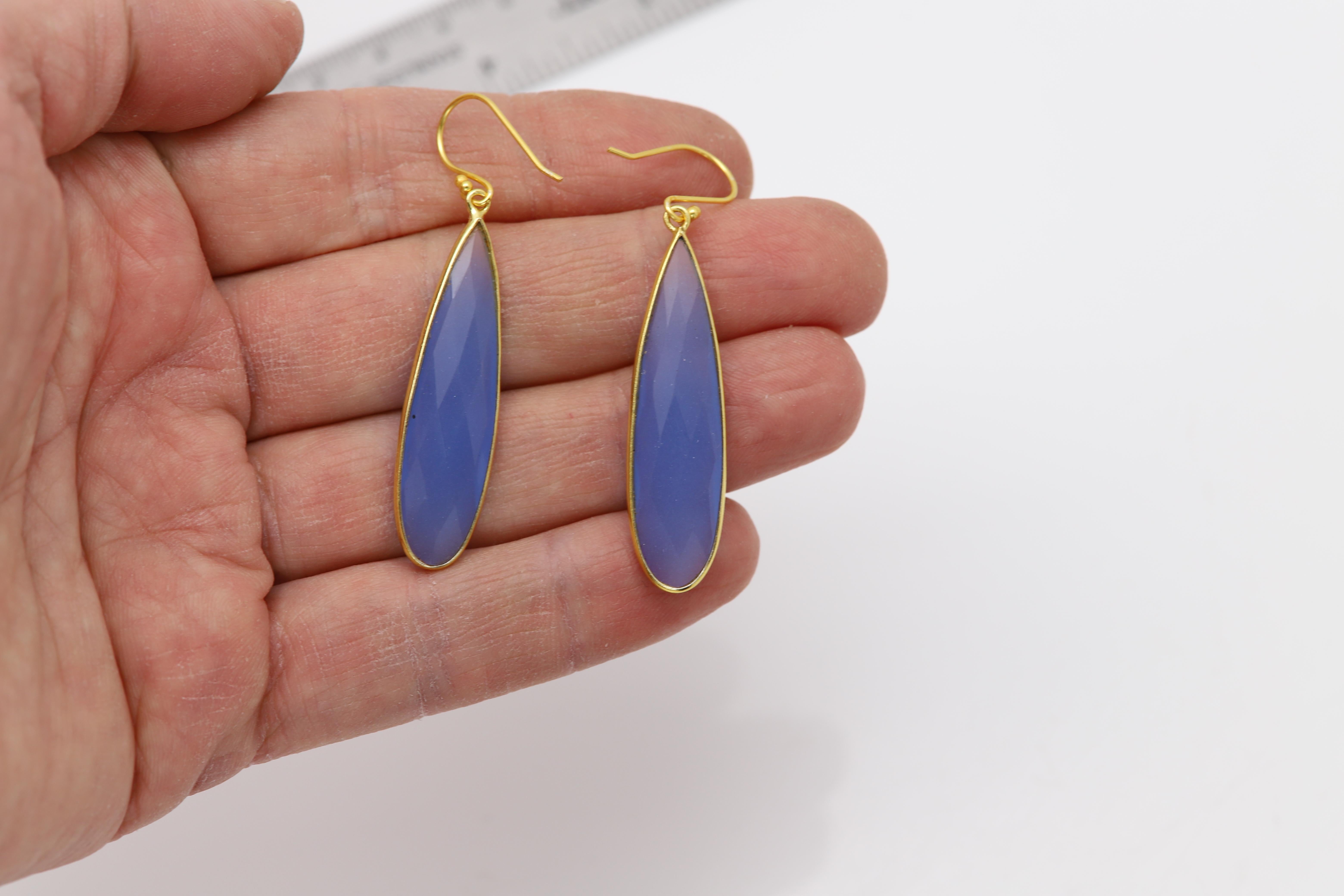 Pear Cut Blue Dangle Earrings Sterling Silver chalcedony Chandelier Earring For Sale