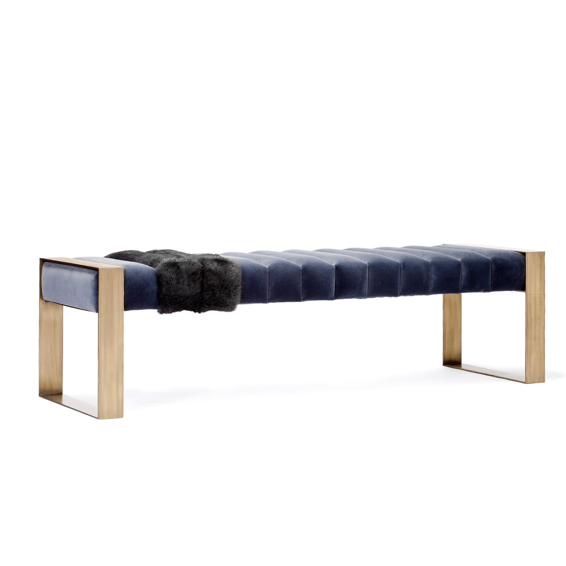 Blue Dawn Bench by Duistt
Dimensions: W 160 x D 50 x H 45 cm
Materials: Duistt Fabric, Fur and Brass

The DAWN bench, crafted with great attention to detail, is a statement design piece. The name Dawn is inspired by the pieces clear horizontal lines