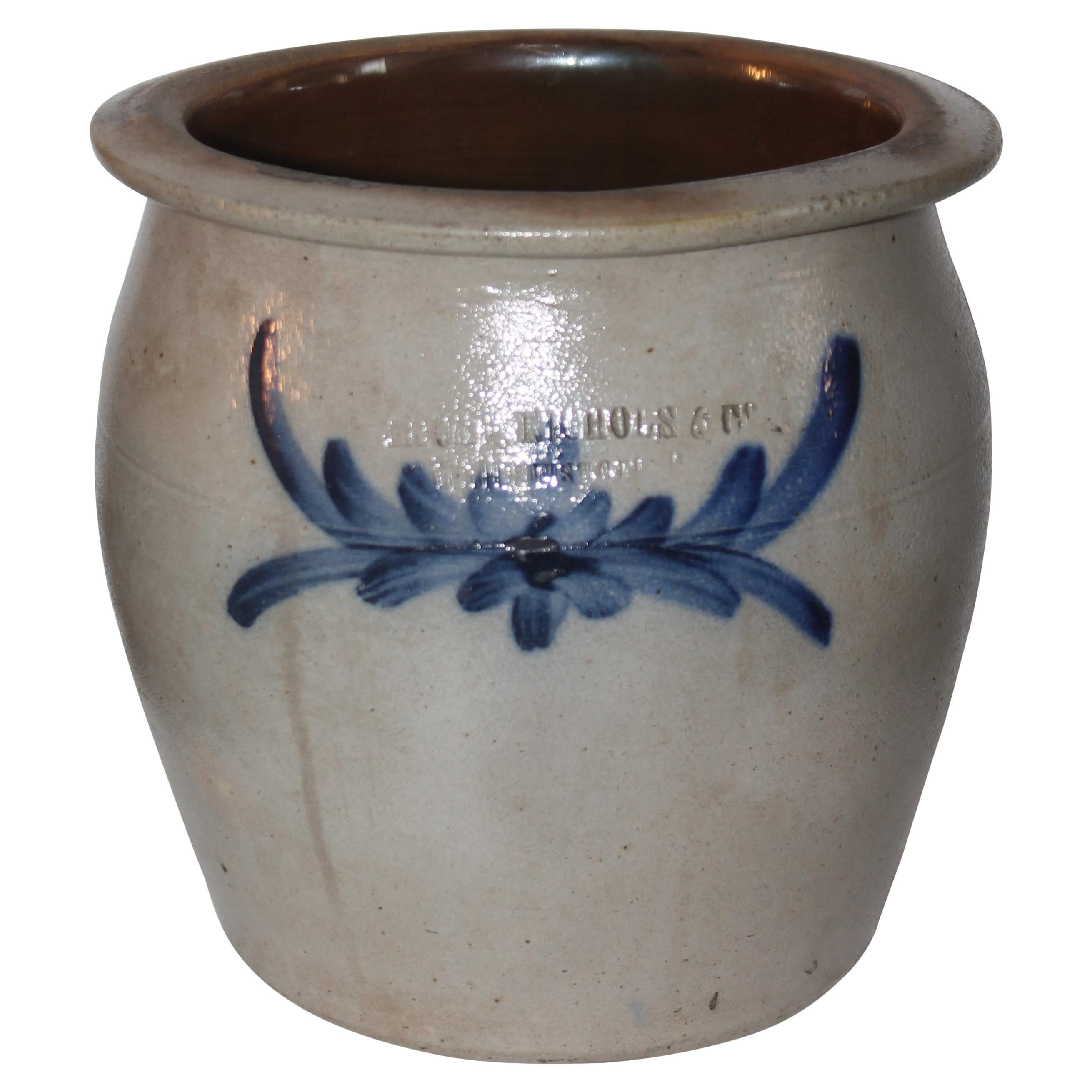 Blue Decorated Crock Moore, Nichols Co. Crock For Sale