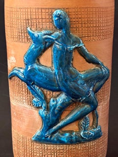 "Blue Deer at Play", Tall, Unique Art Deco Vase with Female Figure and Deer