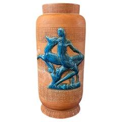 "Blue Deer at Play", Tall, Unique Art Deco Vase with Female Figure and Deer
