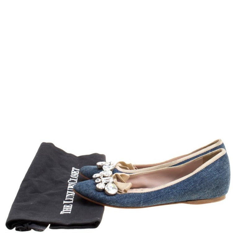 Miu Miu Blue Denim Crystal Embellished Bow Detail Pointed Toe Ballet Flats For Sale at 1stDibs
