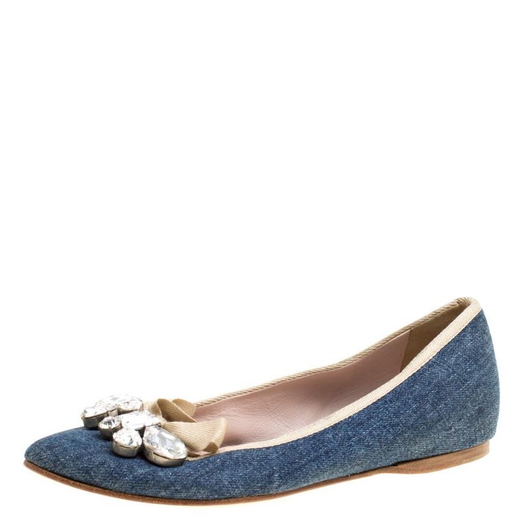 Miu Miu Blue Denim Crystal Embellished Bow Detail Pointed Toe Ballet ...
