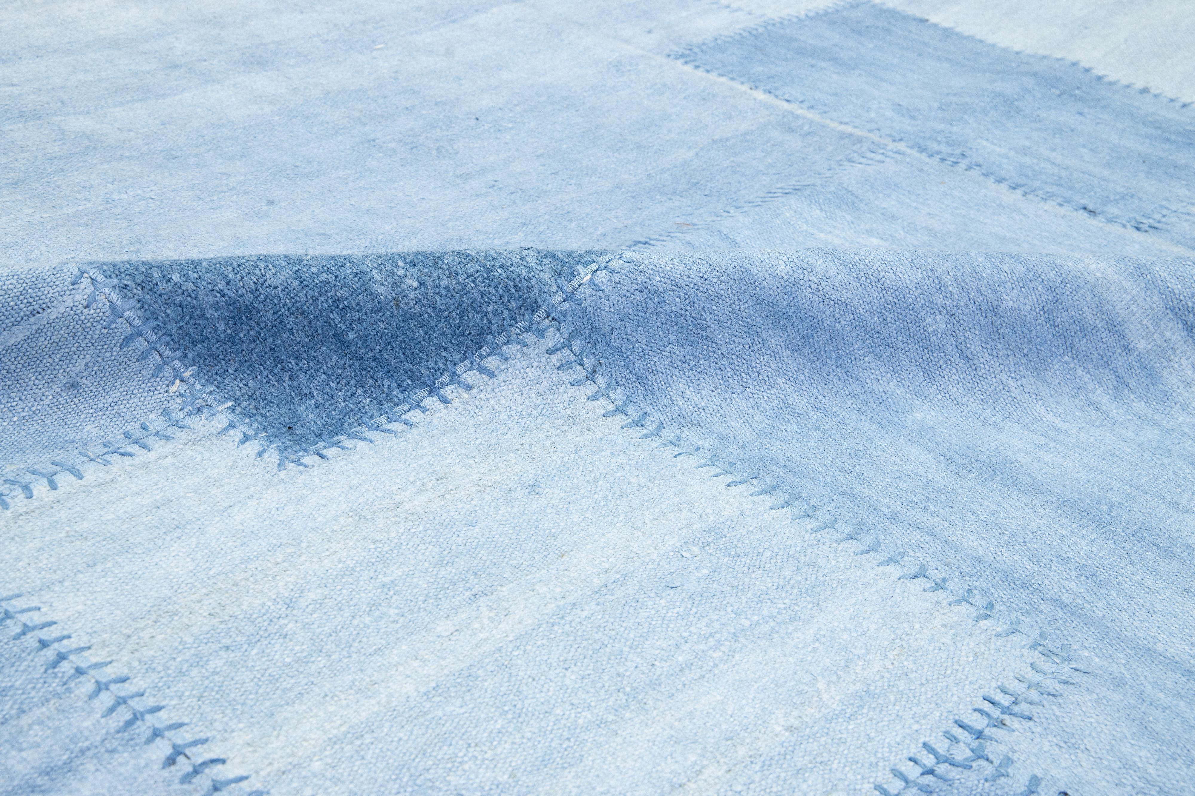 Blue Denim Designed kilim Flatweave Wool rug For Sale 3