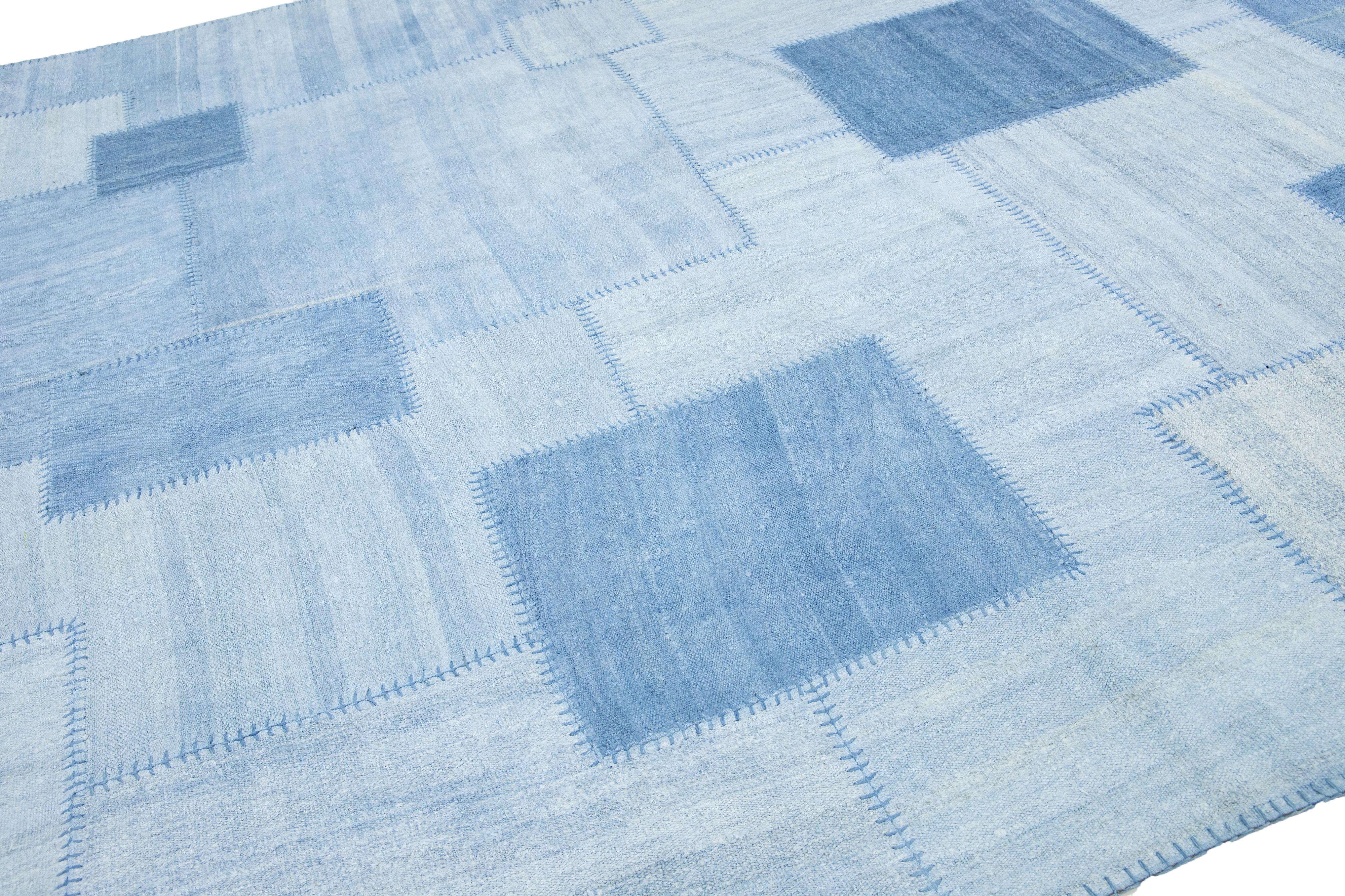 Turkish Blue Denim Designed kilim Flatweave Wool rug For Sale