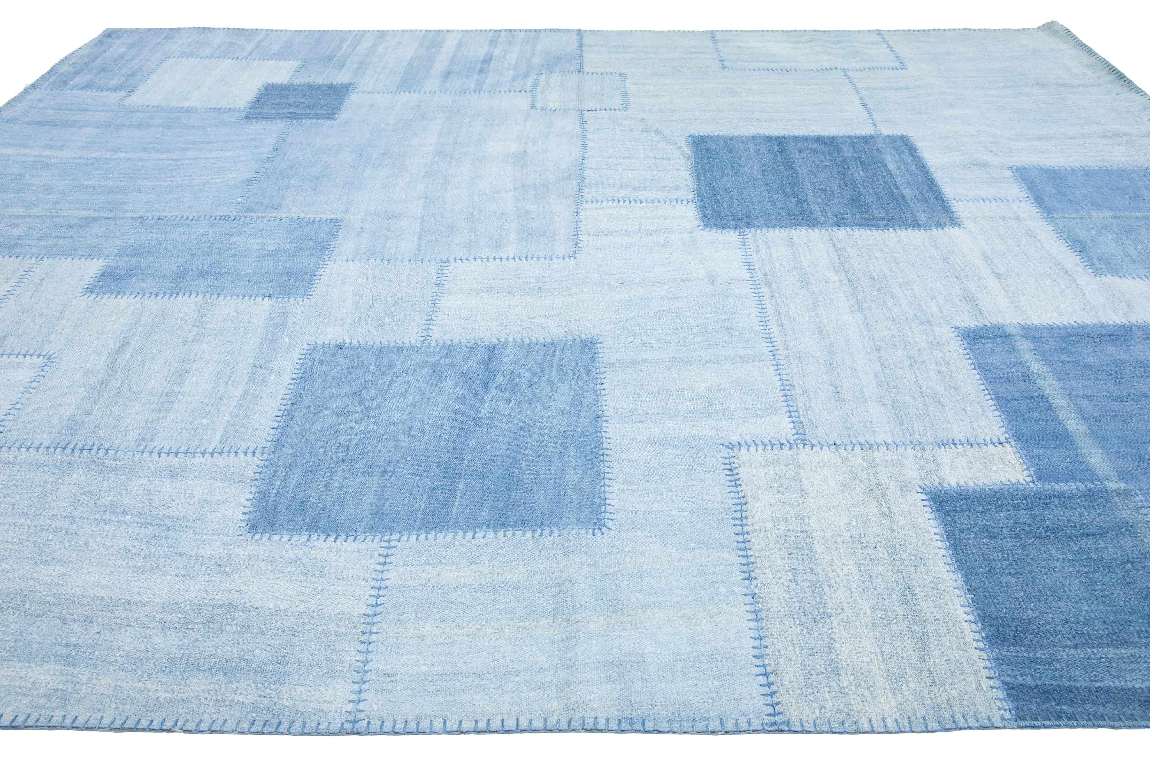 Blue Denim Designed kilim Flatweave Wool rug In New Condition For Sale In Norwalk, CT