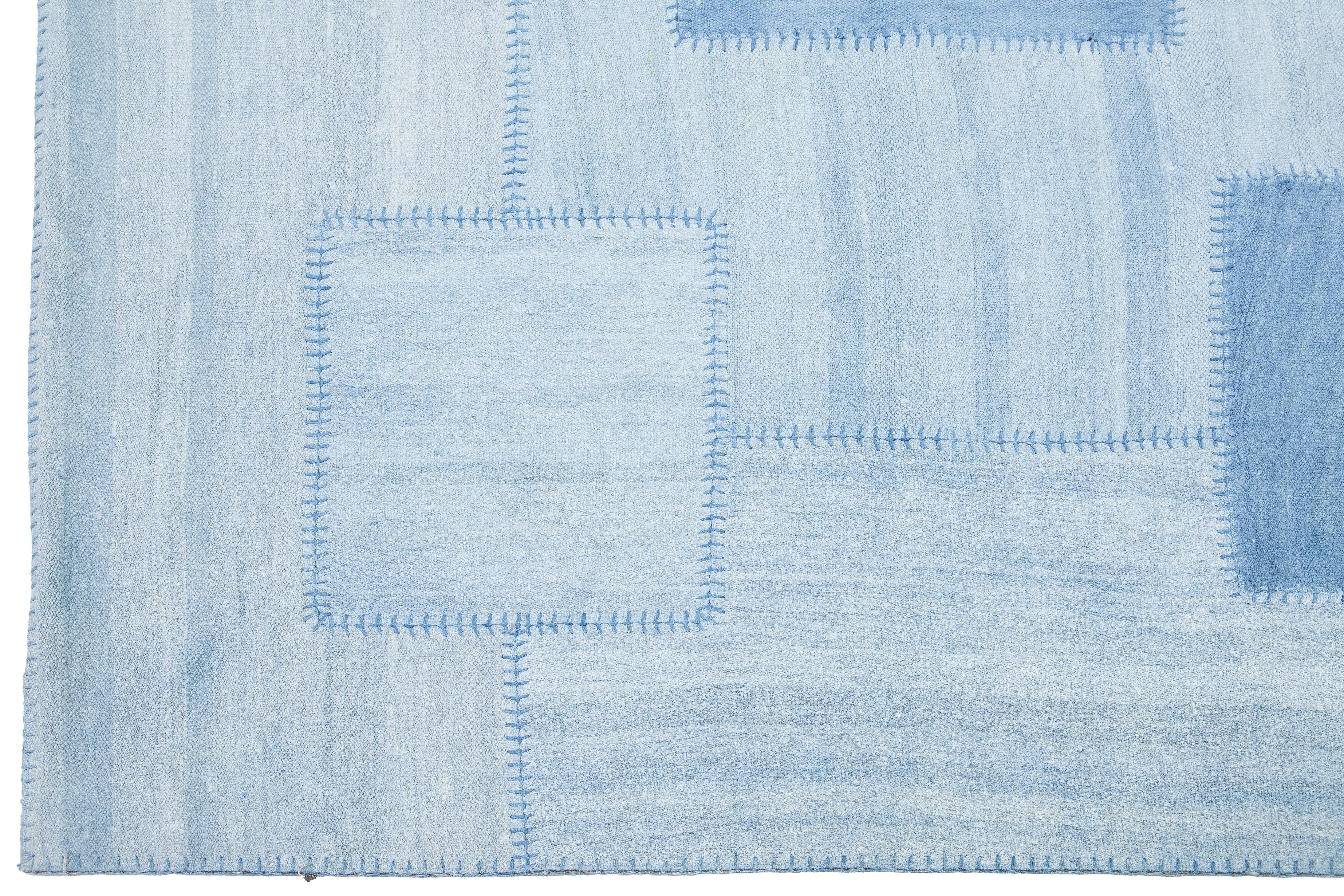 Contemporary Blue Denim Designed kilim Flatweave Wool rug For Sale