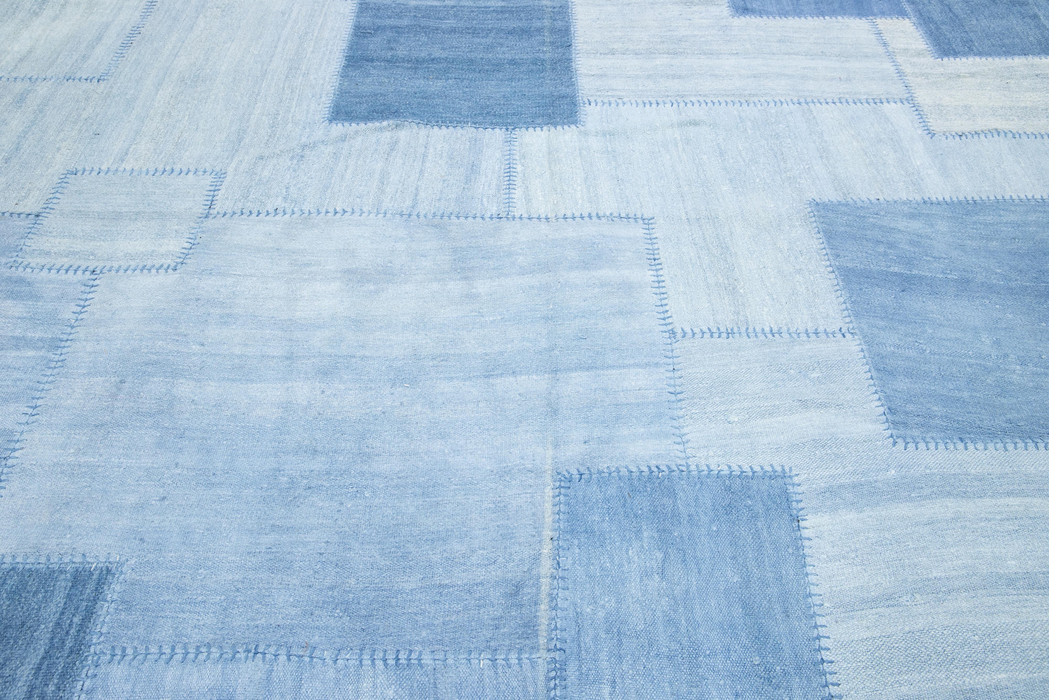 Blue Denim Designed kilim Flatweave Wool rug For Sale 1