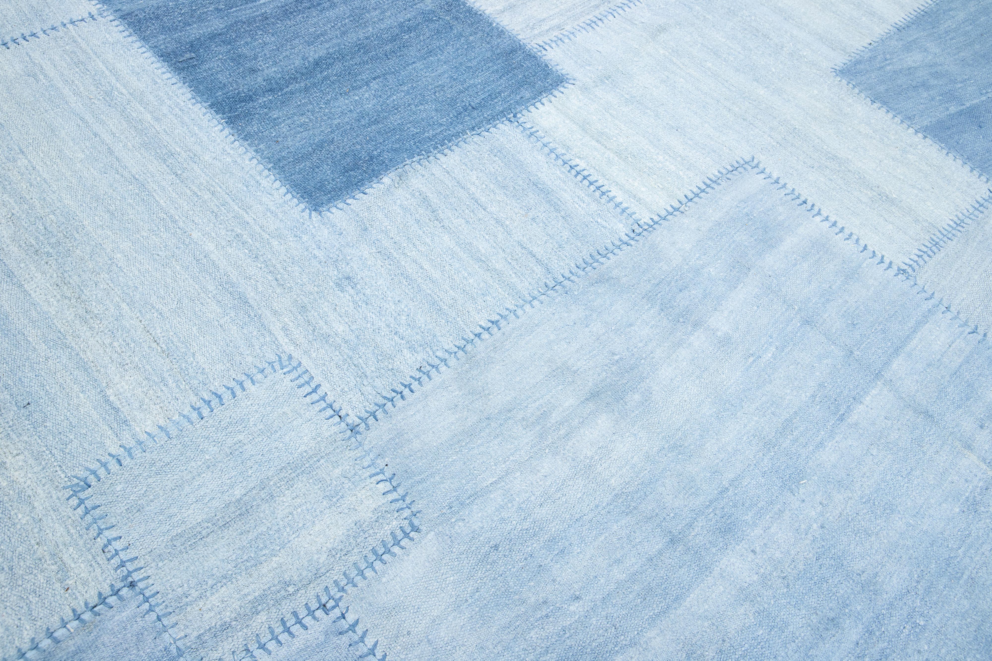 Blue Denim Designed kilim Flatweave Wool rug For Sale 2