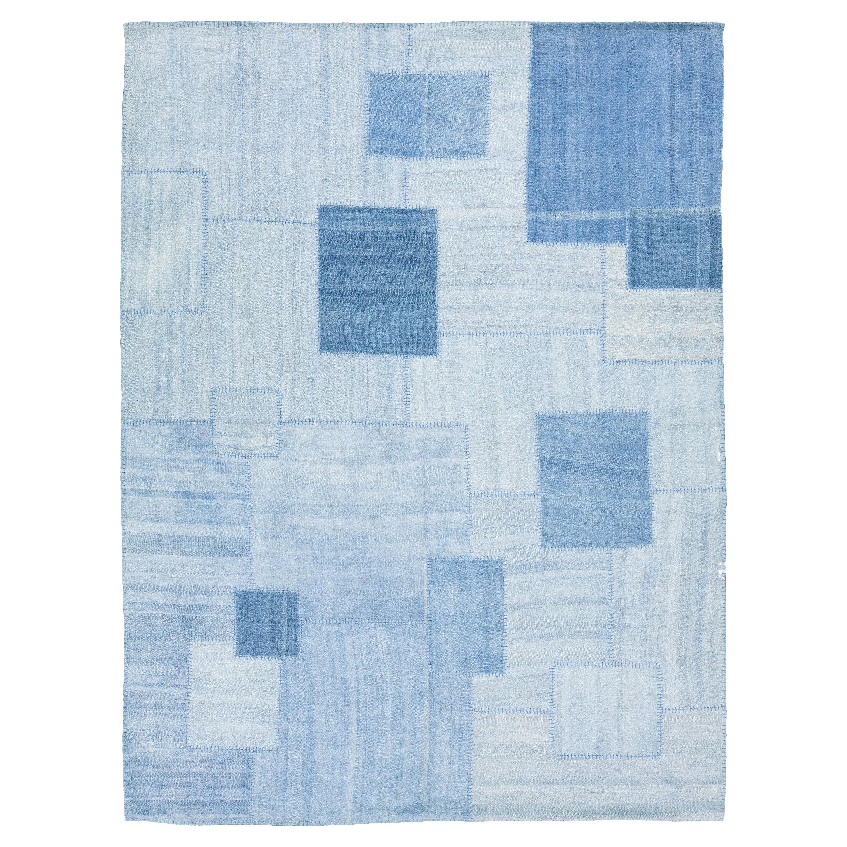 Blue Denim Designed kilim Flatweave Wool rug For Sale