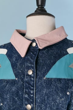 Blue denim dress with leather appliqué and rhinestone GAROCH