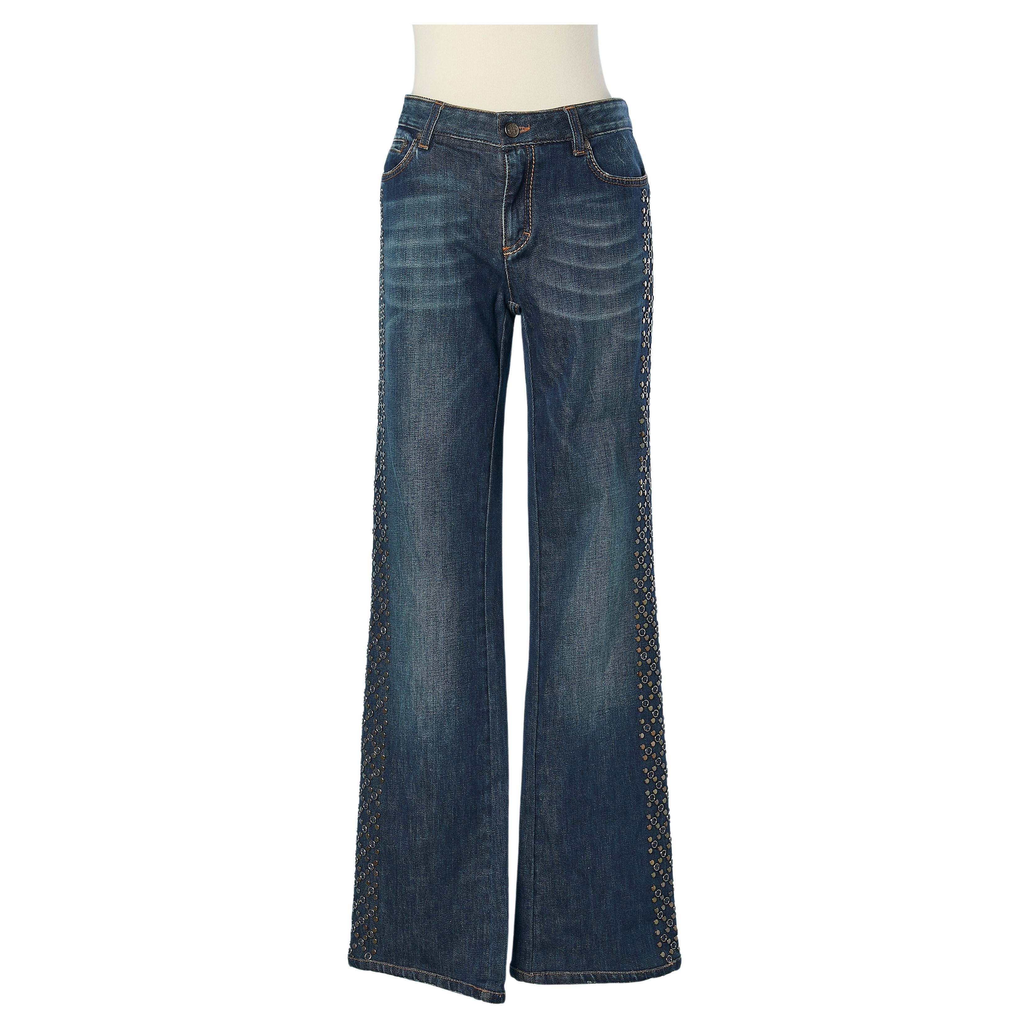 Blue denim jeans with metallic studs and eyelet on the side Roberto Cavalli Men  For Sale