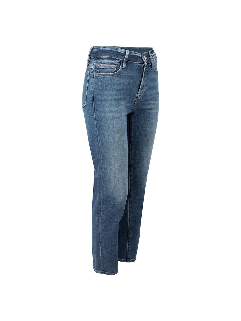 CONDITION is Very good. Minimal wear to jeans is evident. Minimal wear to the left leg with small mark on this used FRAME designer resale item.




Details


Blue

Denim

Straight leg jeans

Mid rise

Front zip closure with button

Front side