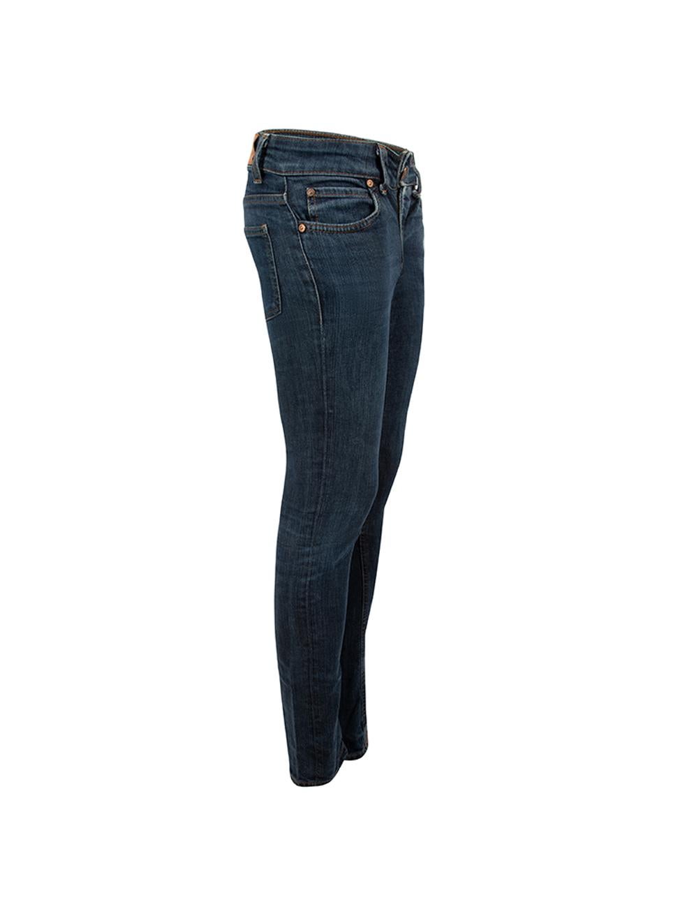 CONDITION is Very good. Minimal wear to jeans is evident. Minimal wear to the interior of the jeans where stains can be seen on this used Acne Jeans designer resale item. 
 
 Details
  Blue
 Denim
 Straight leg jeans
 Low rise
 Regular length
 Front