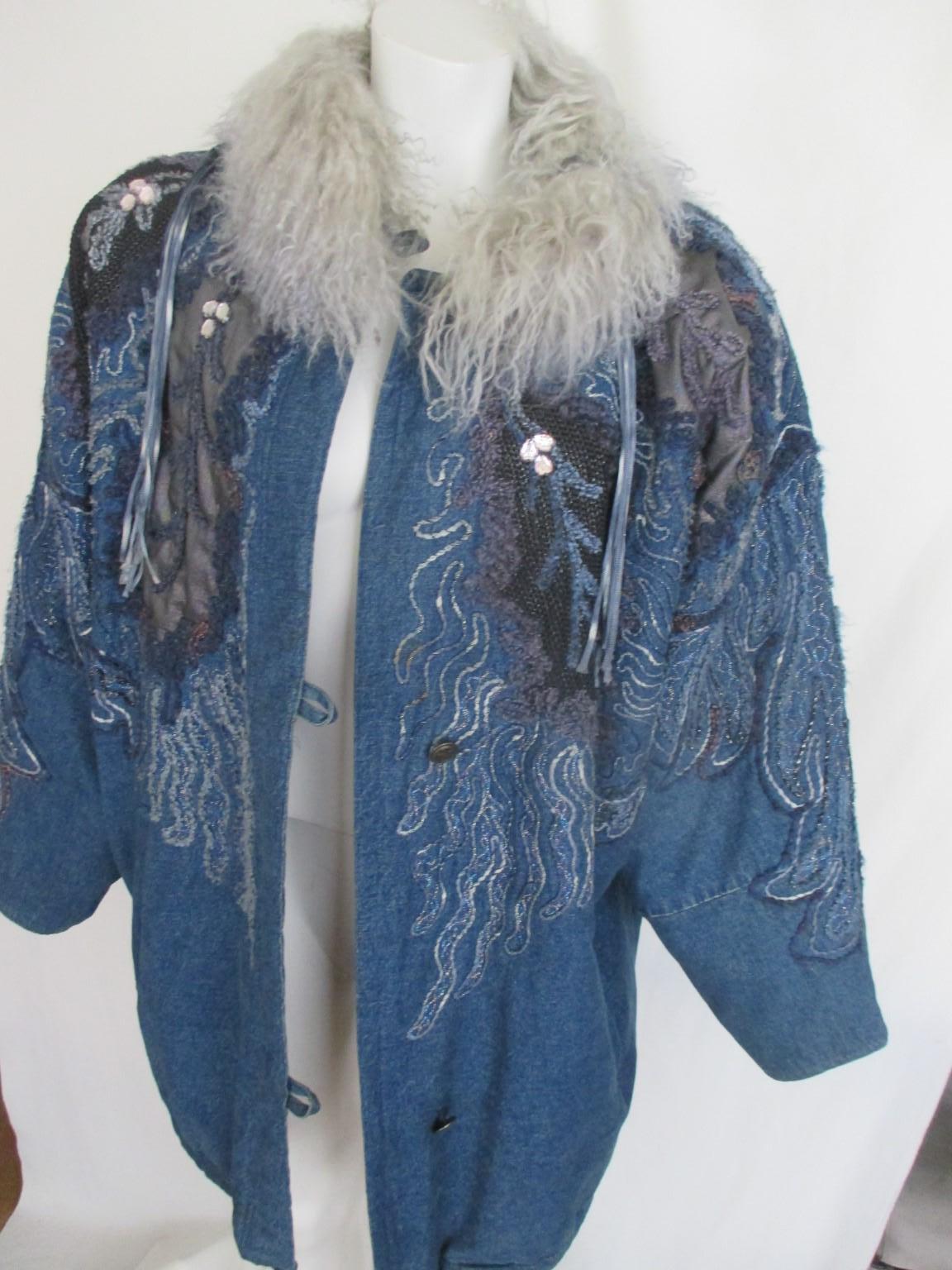 Gray Blue Denim Vintage Jacket with Tibetan Lamb Fur For Sale