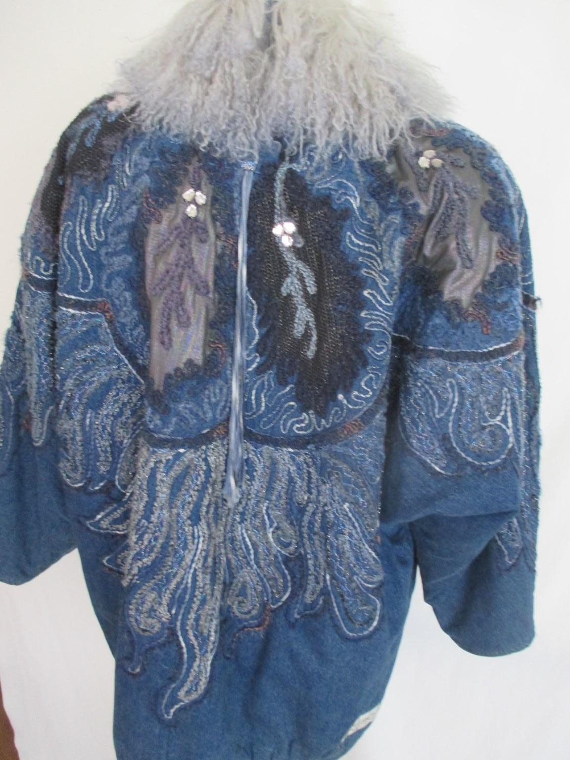 Blue Denim Vintage Jacket with Tibetan Lamb Fur In Good Condition For Sale In Amsterdam, NL