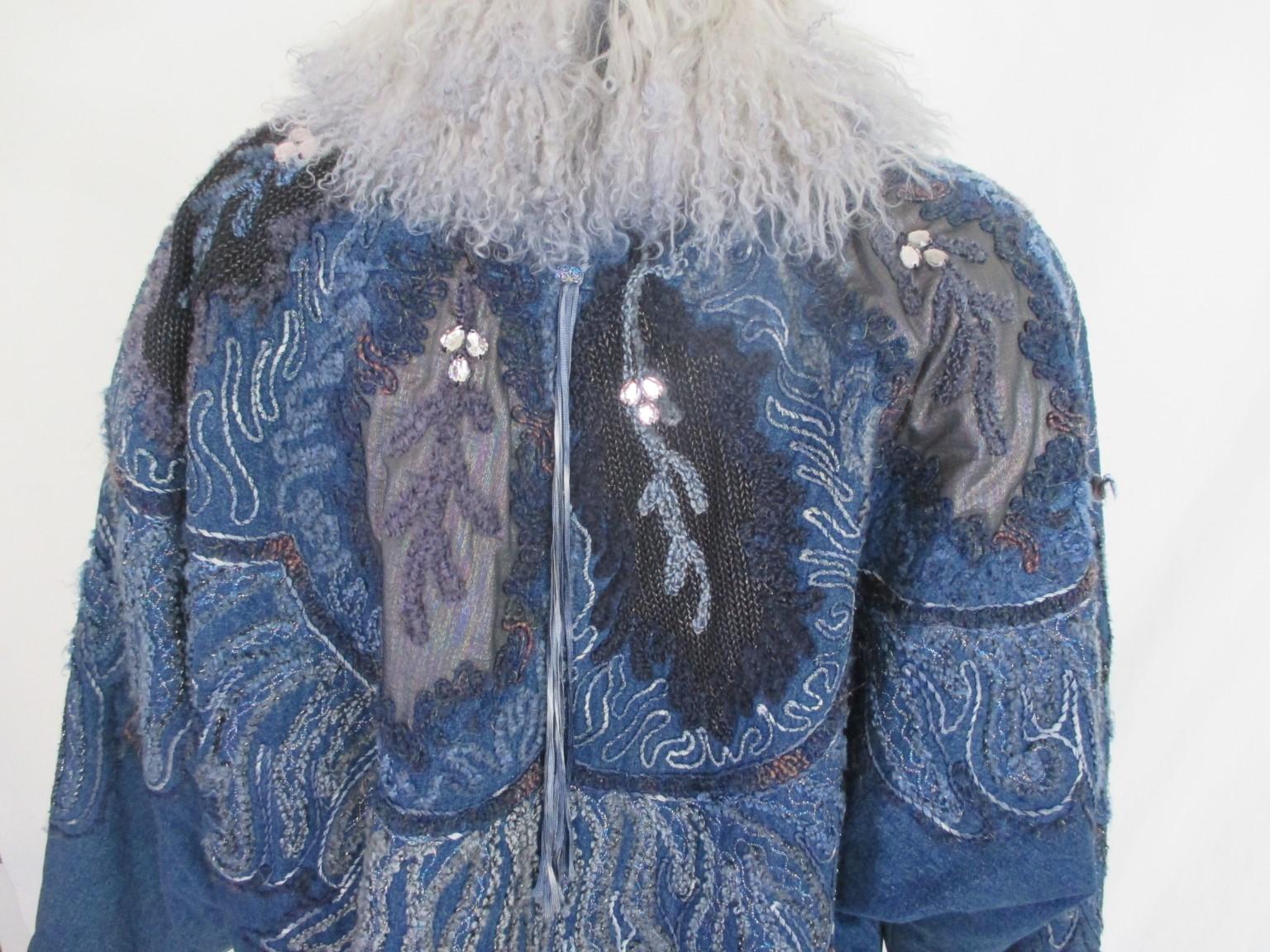 Blue Denim Vintage Jacket with Tibetan Lamb Fur For Sale 2