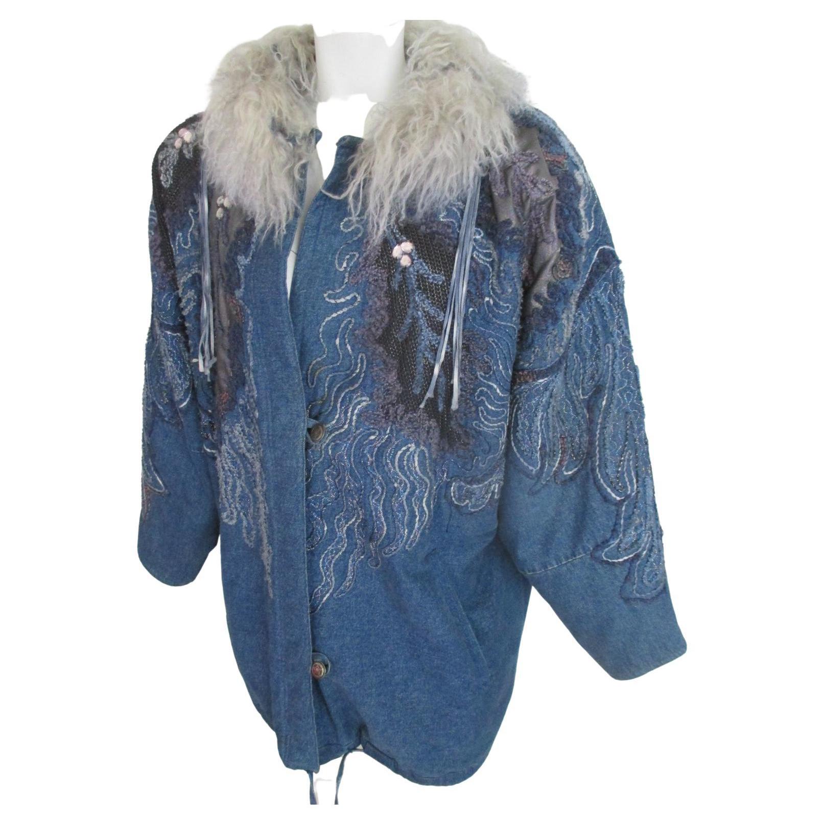 Blue Denim Vintage Jacket with Tibetan Lamb Fur For Sale