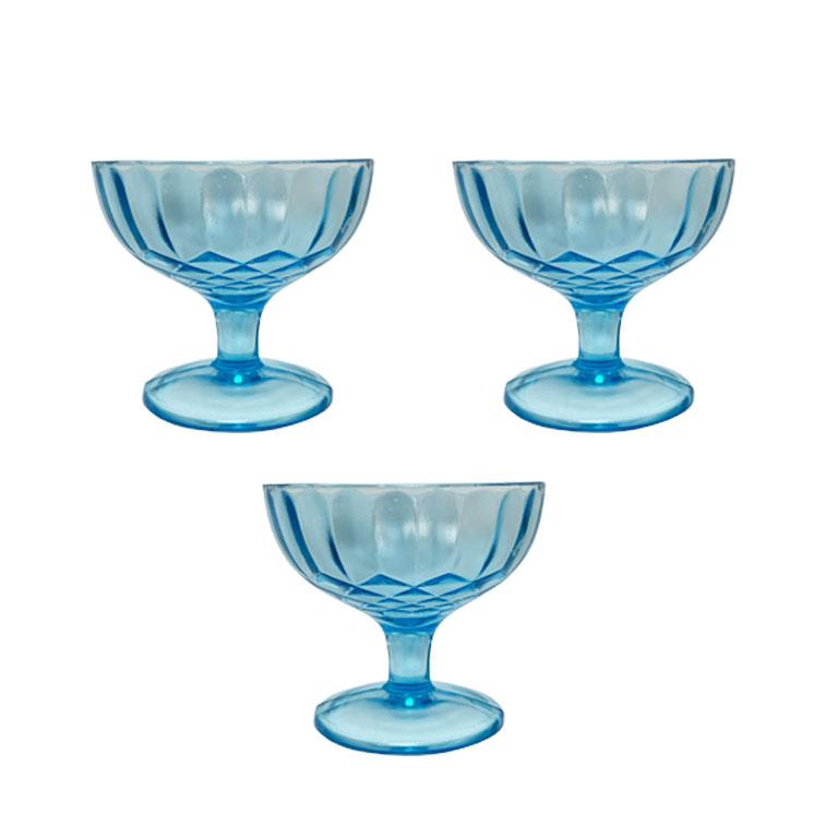American Blue Depression Champagne Glasses in the Aunt Polly Pattern - Set of 3 For Sale