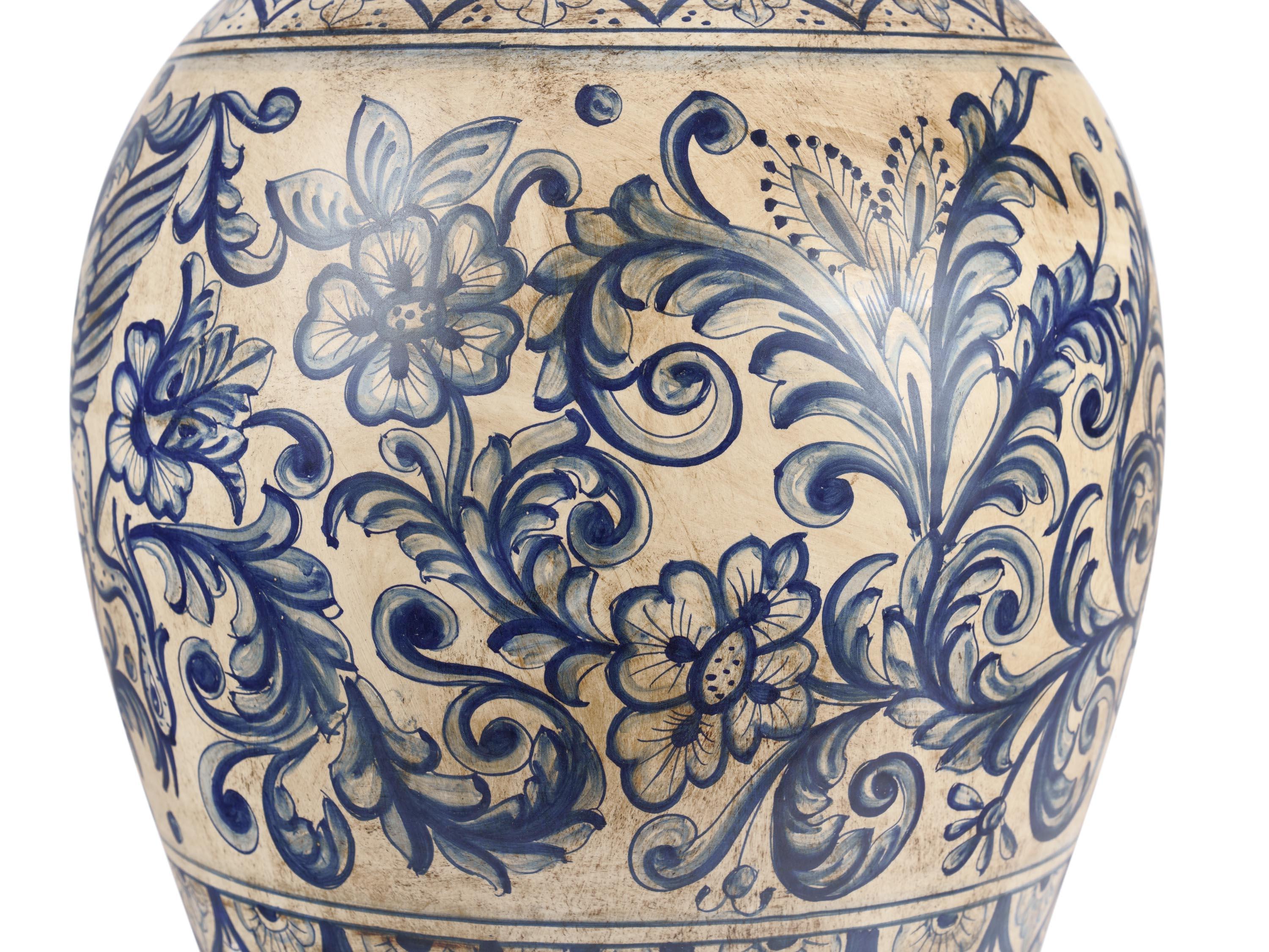Contemporary Blue Deruta Antiqued Potiche Jar Majolica Vase, Blue Peacock, Hand Painted Italy For Sale