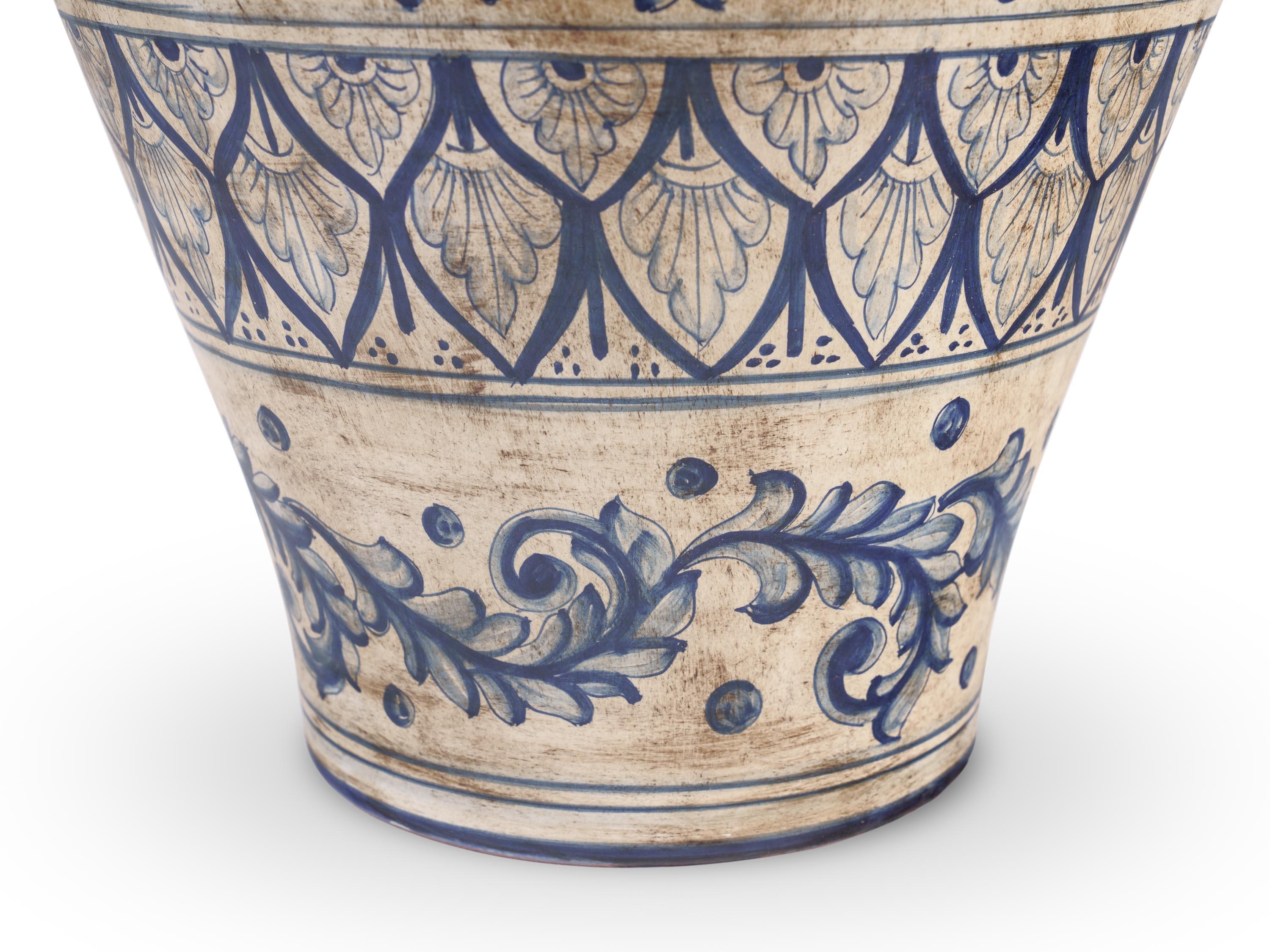 Ceramic Blue Deruta Antiqued Potiche Jar Majolica Vase, Blue Peacock, Hand Painted Italy For Sale