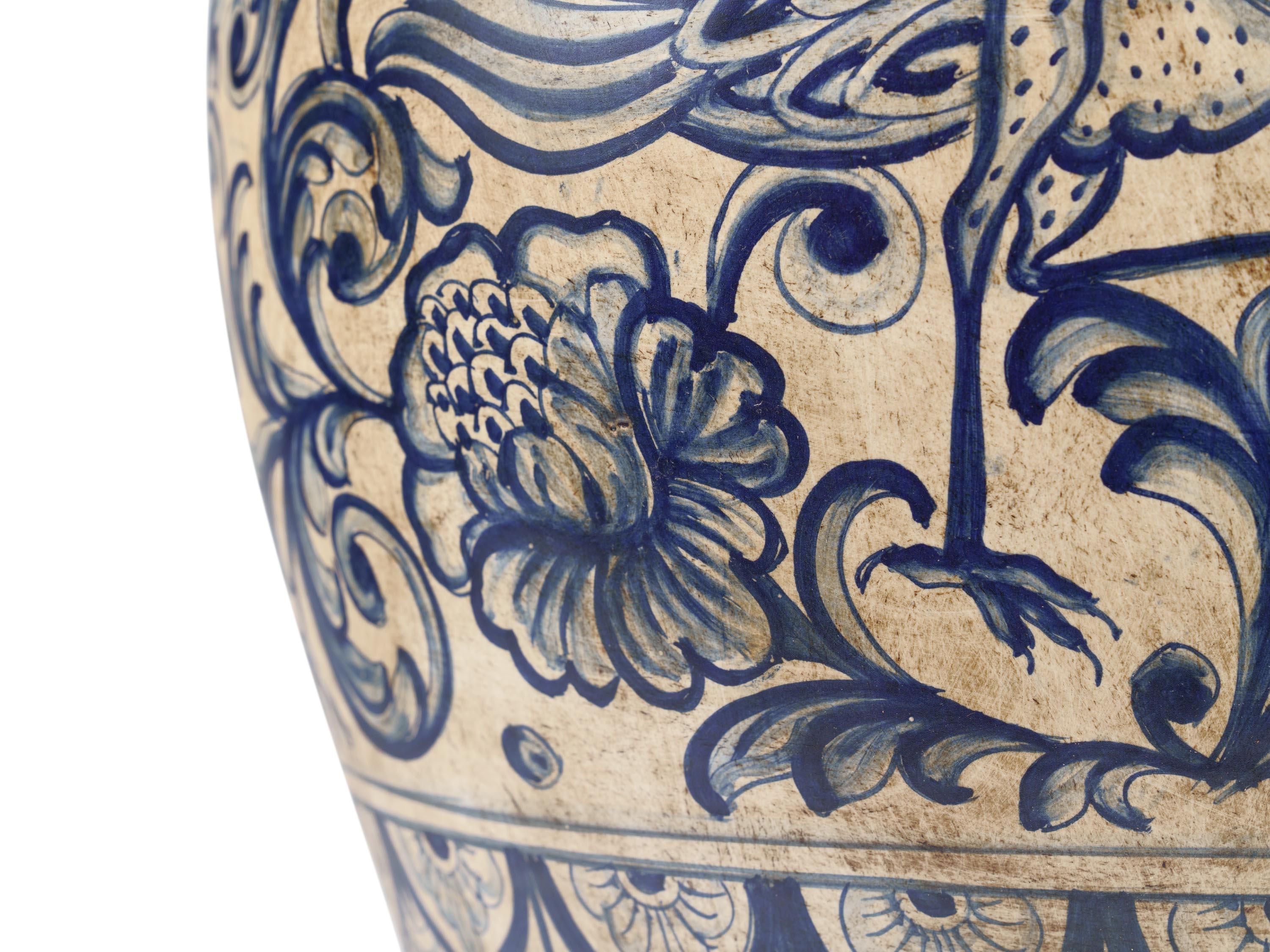 Blue Deruta Antiqued Potiche Jar Majolica Vase, Blue Peacock, Hand Painted Italy For Sale 1