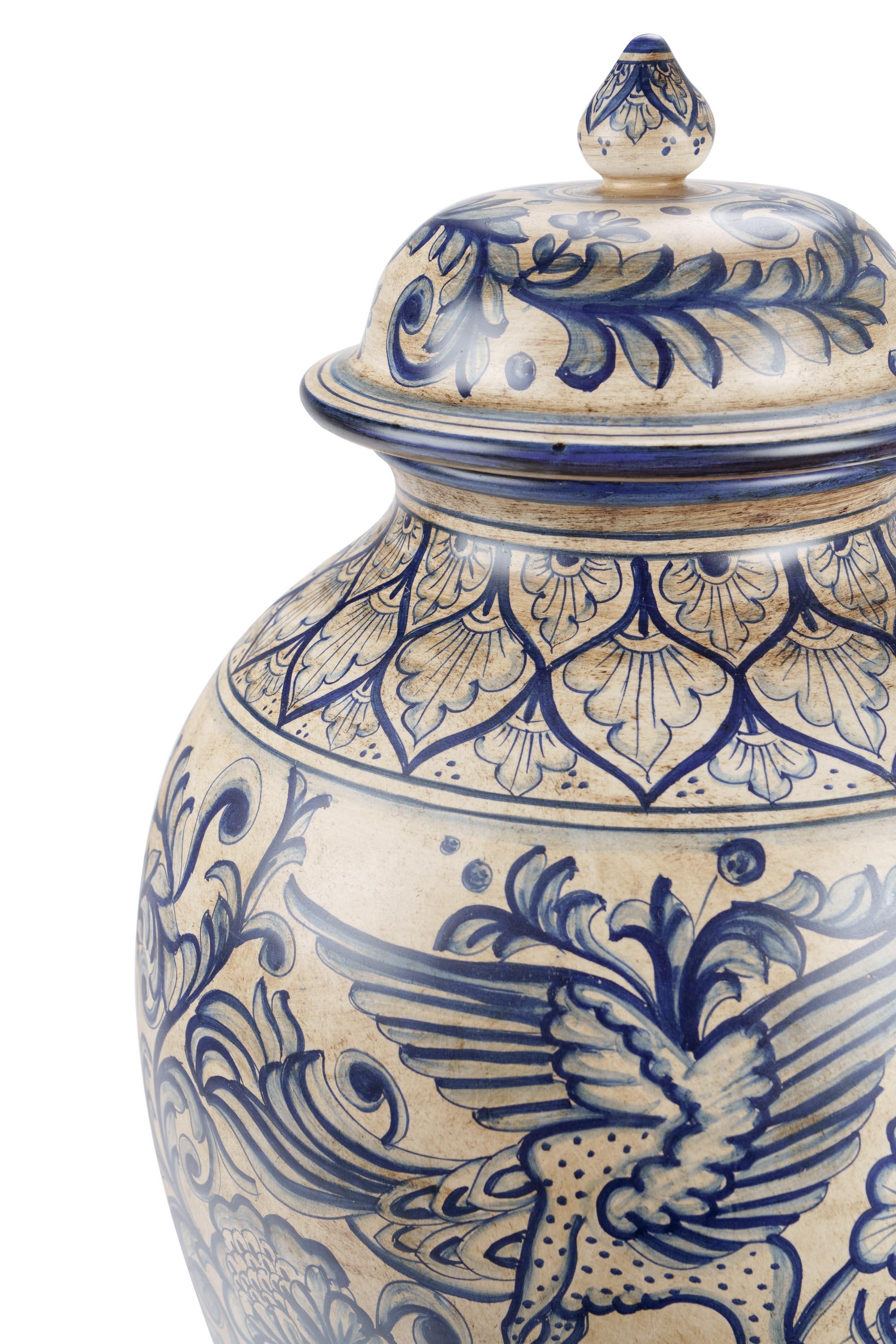 Blue Deruta Antiqued Potiche Jar Majolica Vase, Blue Peacock, Hand Painted Italy For Sale 4