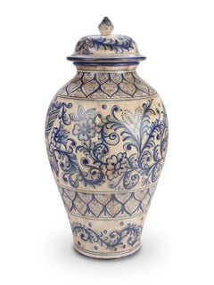Blue Deruta Antiqued Potiche Jar Majolica Vase, Blue Peacock, Hand Painted Italy