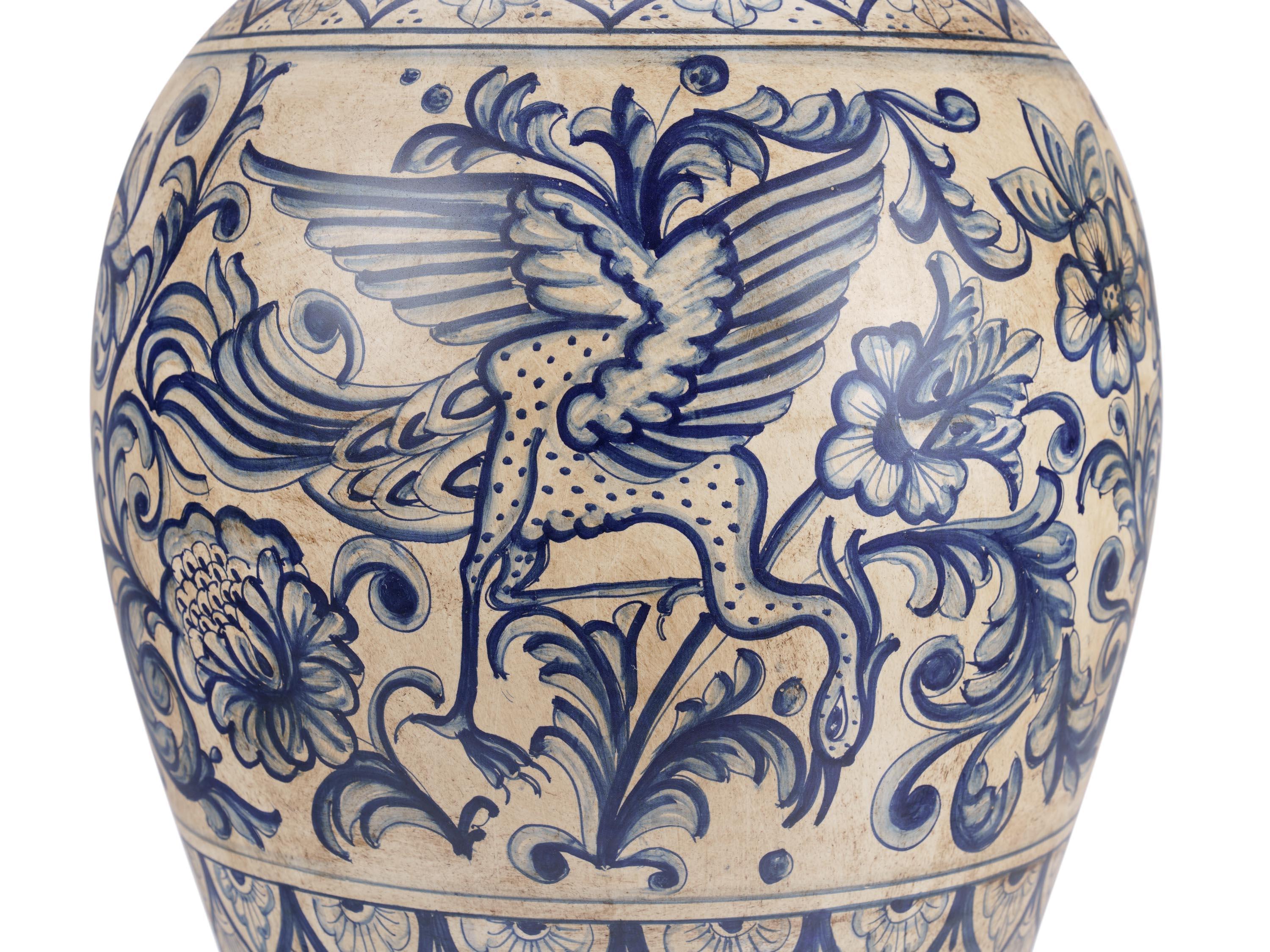 Renaissance Revival Blue Deruta Antiqued Potiche Jar Majolica Vase, Blue Peacock, Hand Painted Italy For Sale