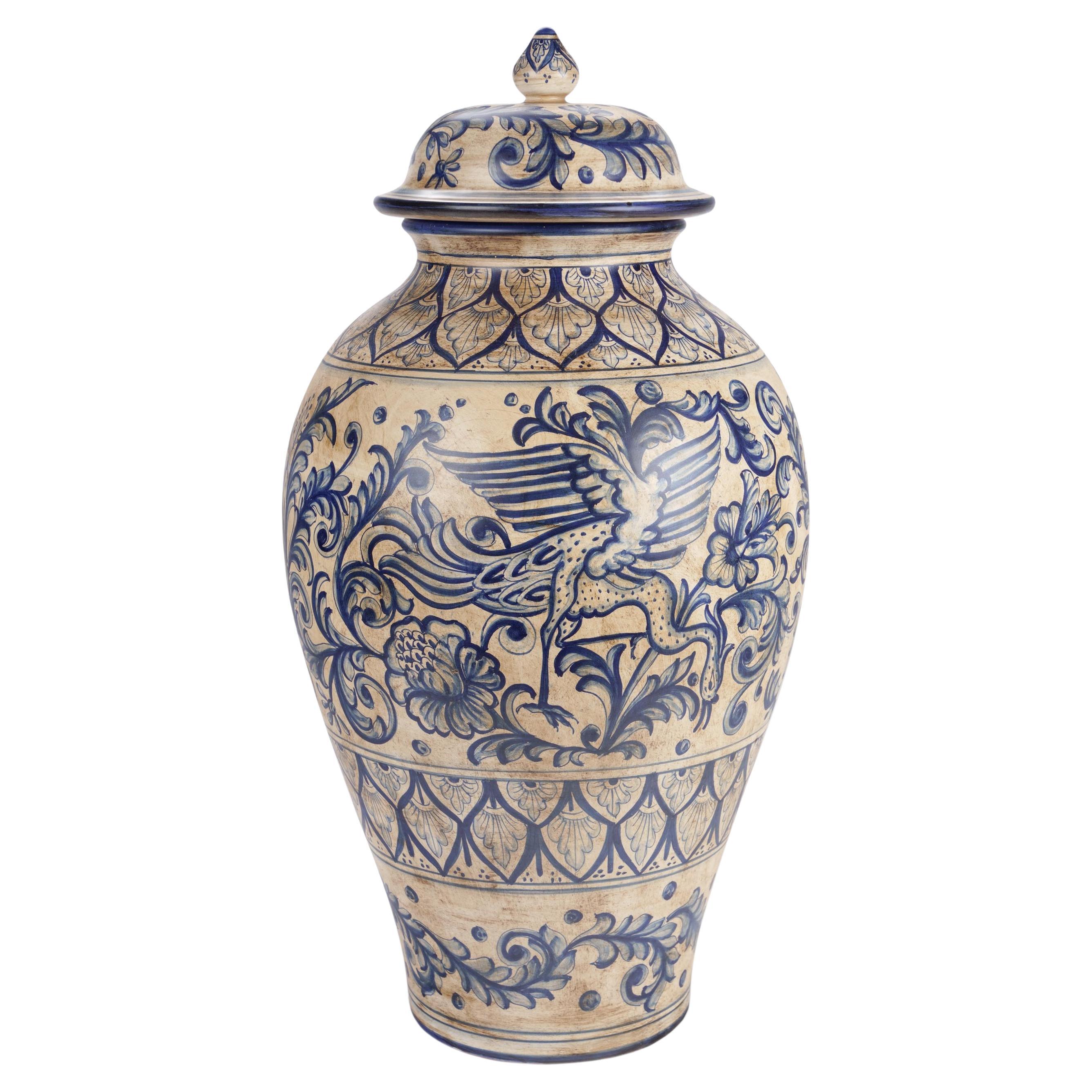 Blaues antikes Potiche-Krug-Majolika-Vase von Deruta, blauer Pfau, handbemalt, Italien