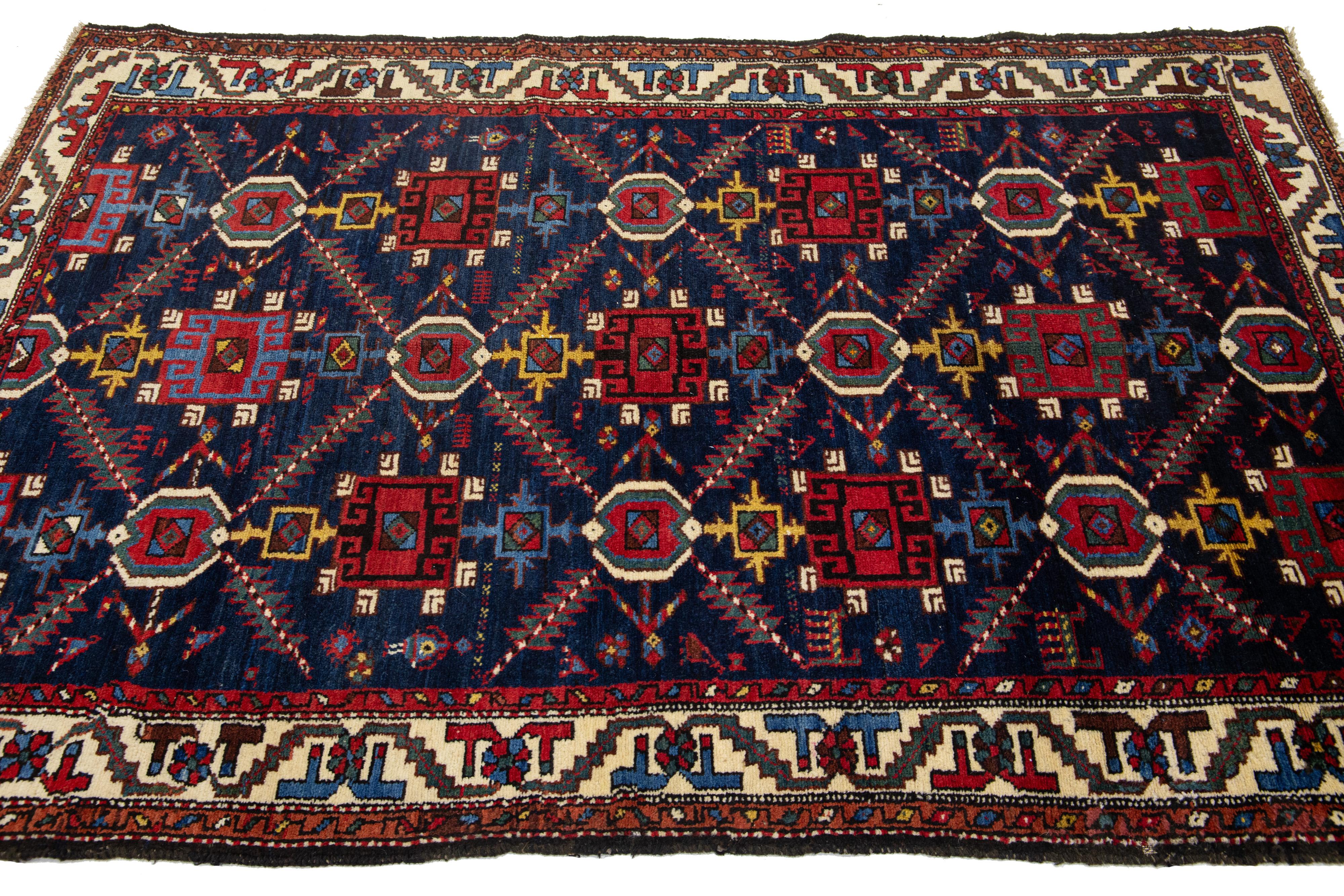 Hand-Knotted Blue Designed Persian Bakhtiari Wool Rug Handmade with Allover Motif For Sale