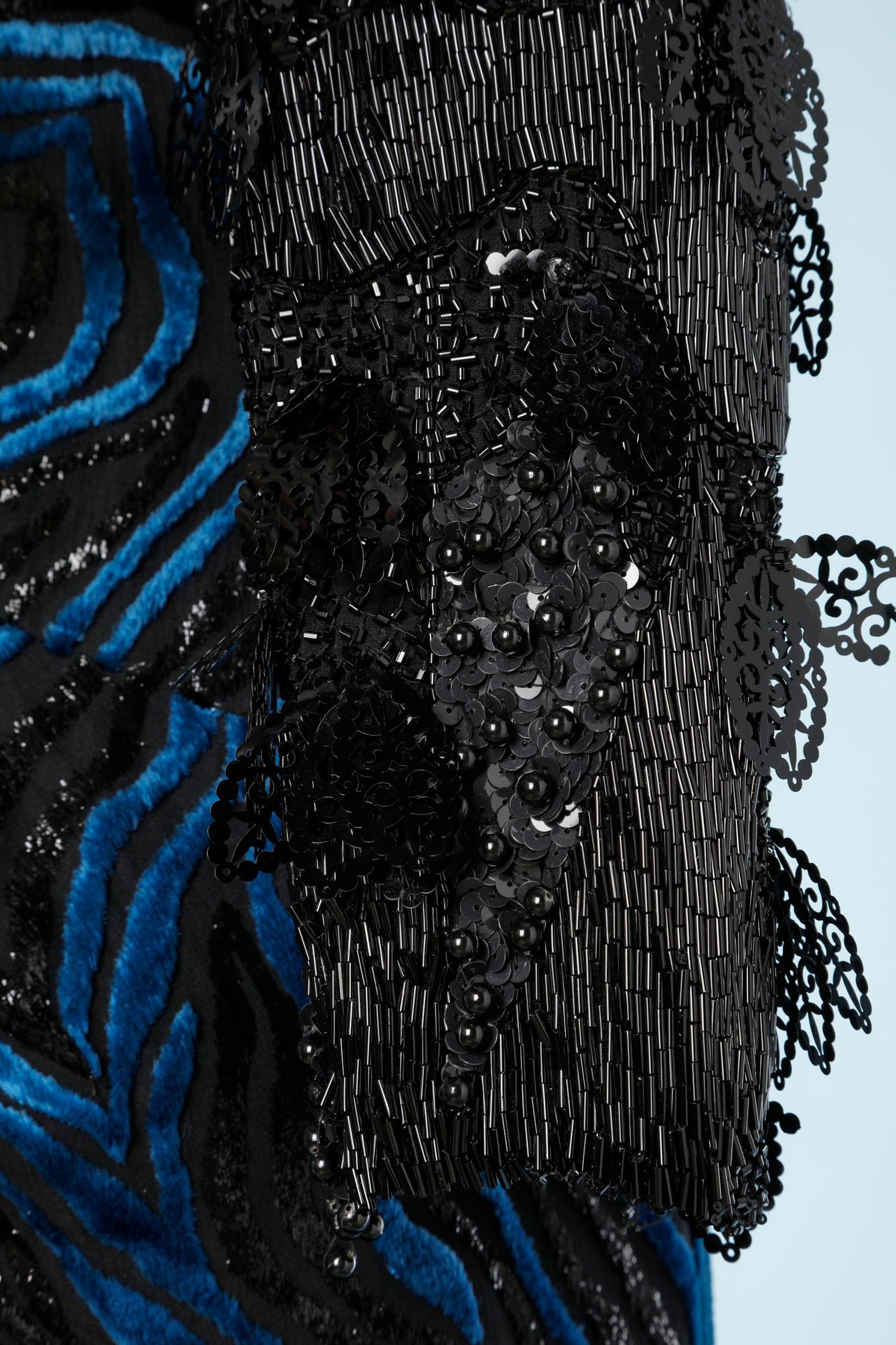 Blue devored velvet beaded  evening dress Nina Ricci In Good Condition For Sale In Saint-Ouen-Sur-Seine, FR
