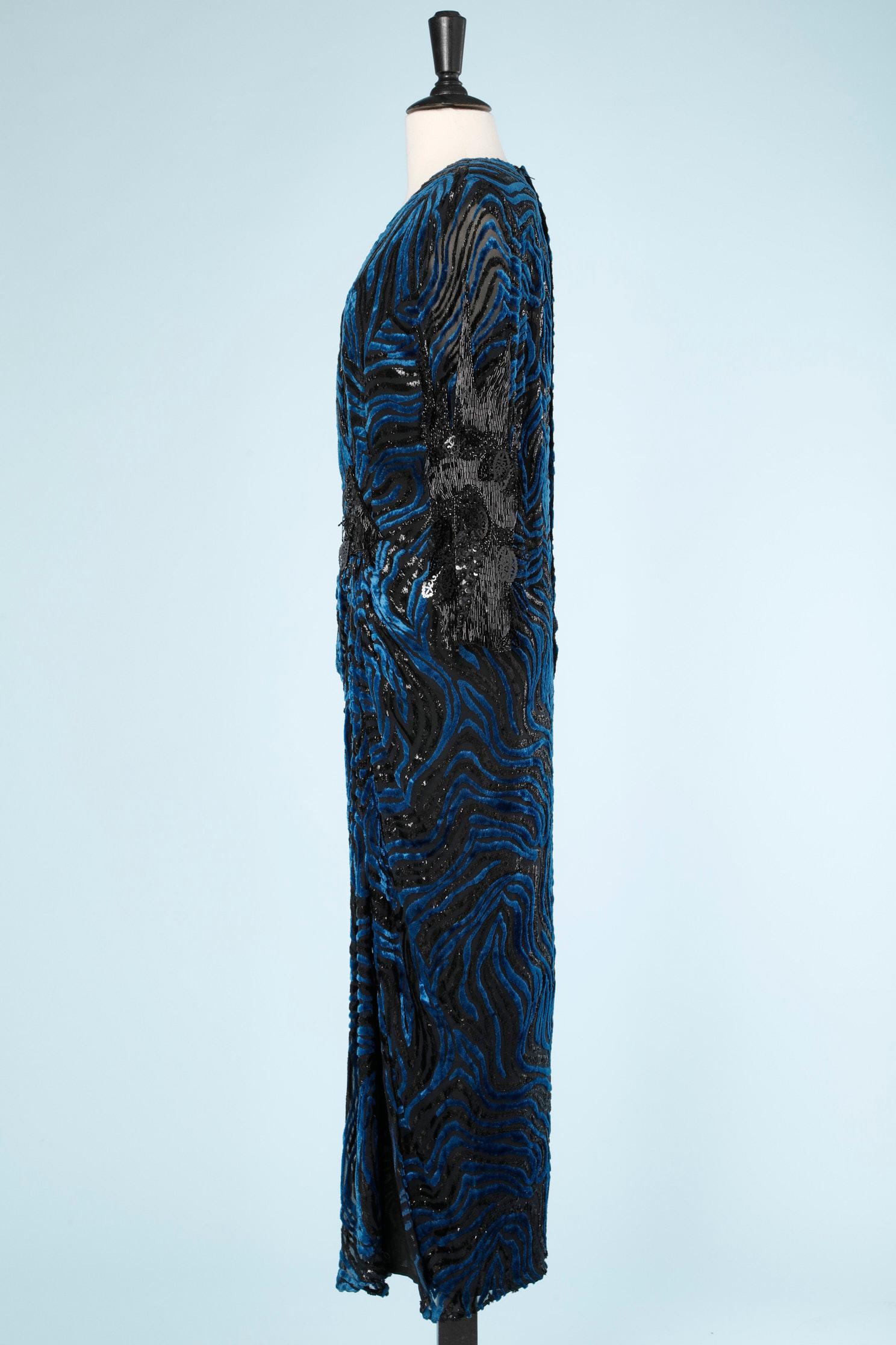 Blue devored velvet beaded  evening dress Nina Ricci  For Sale 1