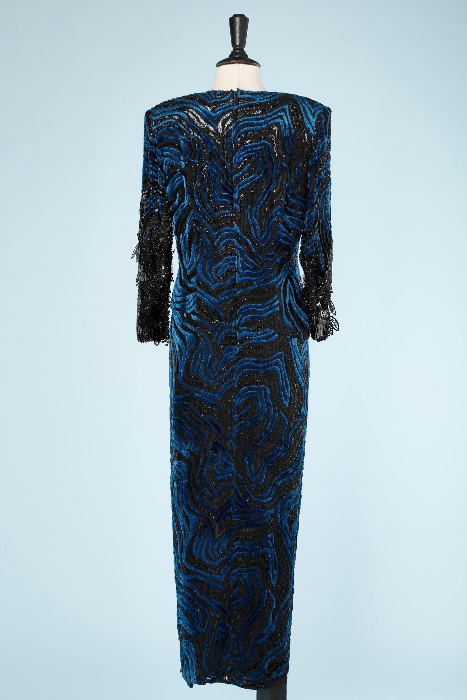 Blue devored velvet beaded  evening dress Nina Ricci  For Sale 2