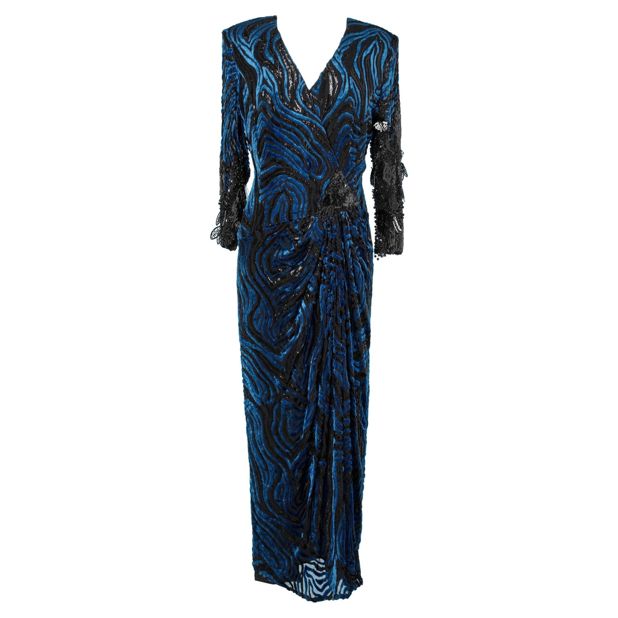 Blue devored velvet beaded  evening dress Nina Ricci  For Sale