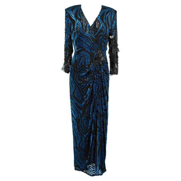 Blue devored velvet beaded evening dress Nina Ricci For Sale at 1stDibs
