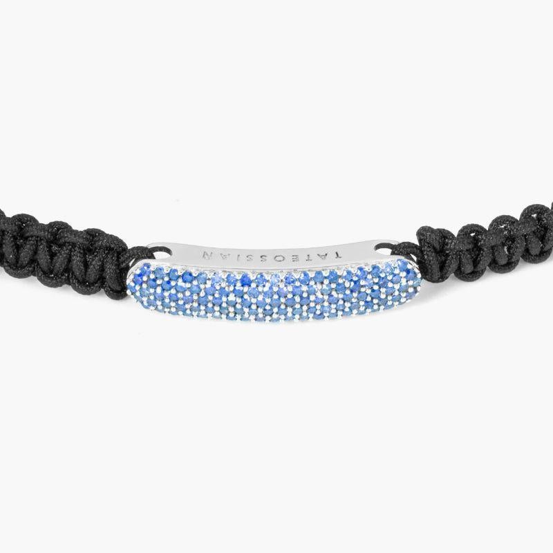Blaues Diamant-Baton-Armband mit schwarzem Macrame und Sterlingsilber mit Diamanten, Größe M (Einfacher Schliff) im Angebot