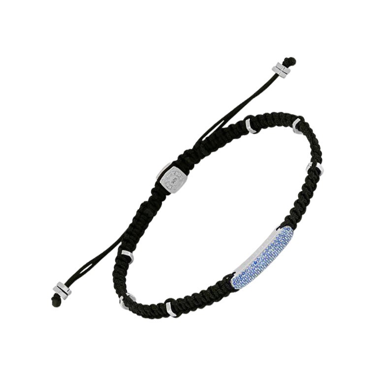 Blaues Diamant-Baton-Armband mit schwarzem Macrame und Sterlingsilber mit Diamanten, Größe M